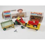 A pair of Czechoslovakian vintage tractor and trailer sets - 1 x tinplate clockwork and 1 x