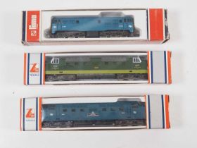 A group of LIMA N gauge diesel locomotives comprising Deltics in BR blue and green and a class 31 in