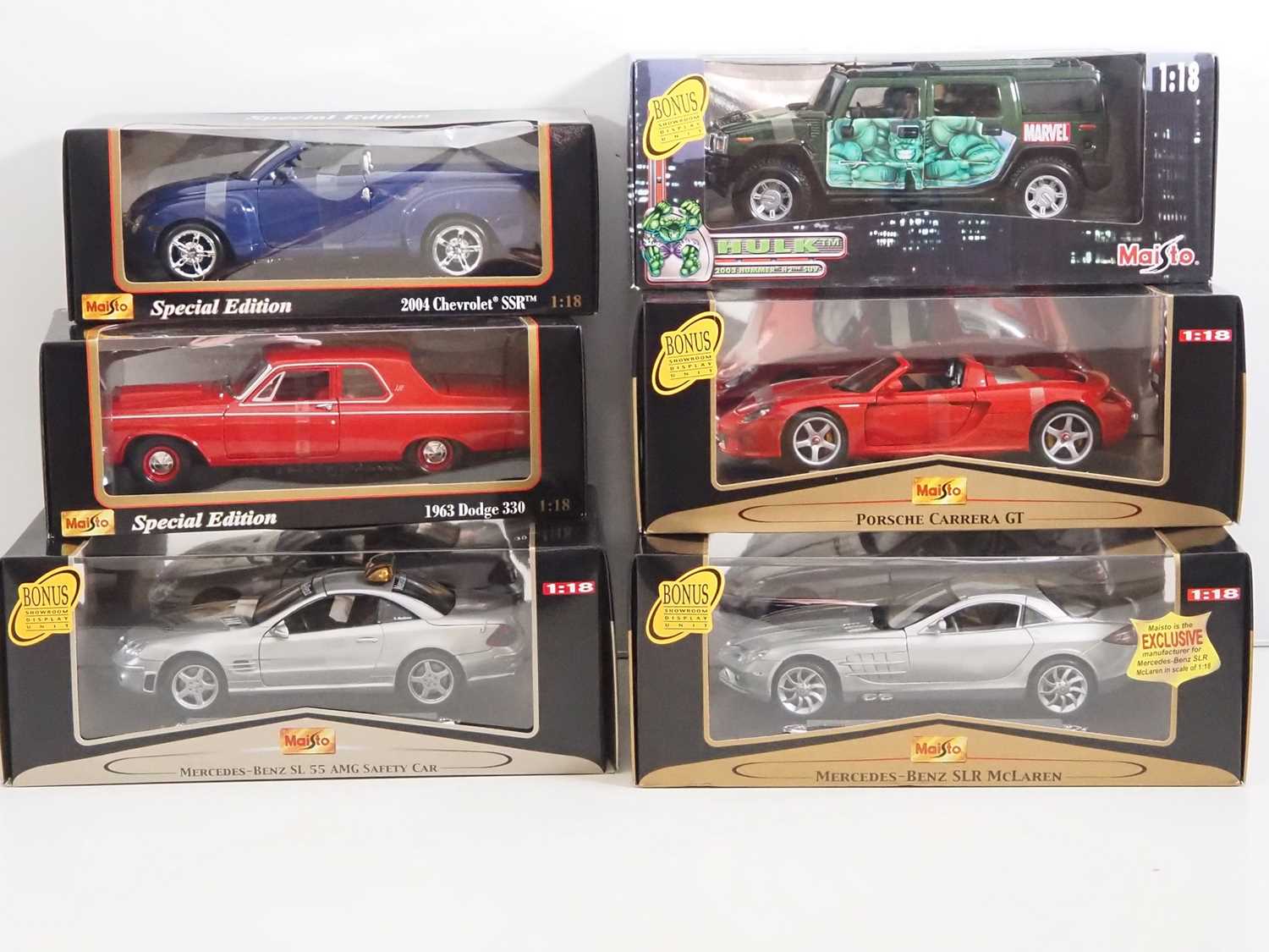 A mixed group of MAISTO 1:18 scale diecast cars - all as new - VG/E in VG boxes (6)