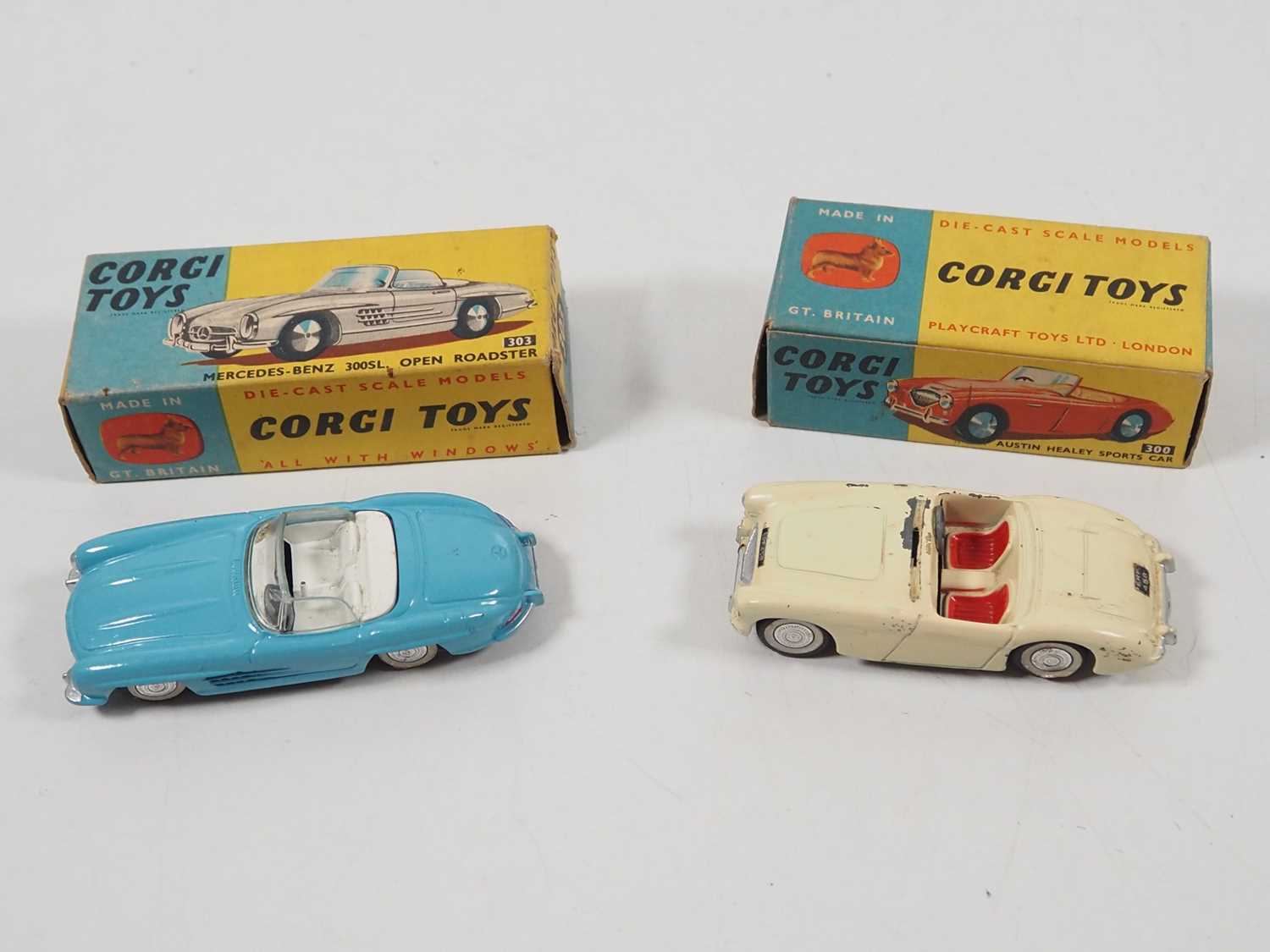 A pair of CORGI diecast cars comprising a 303 Mercedes Benz SL in blue (VG in G box) together with a