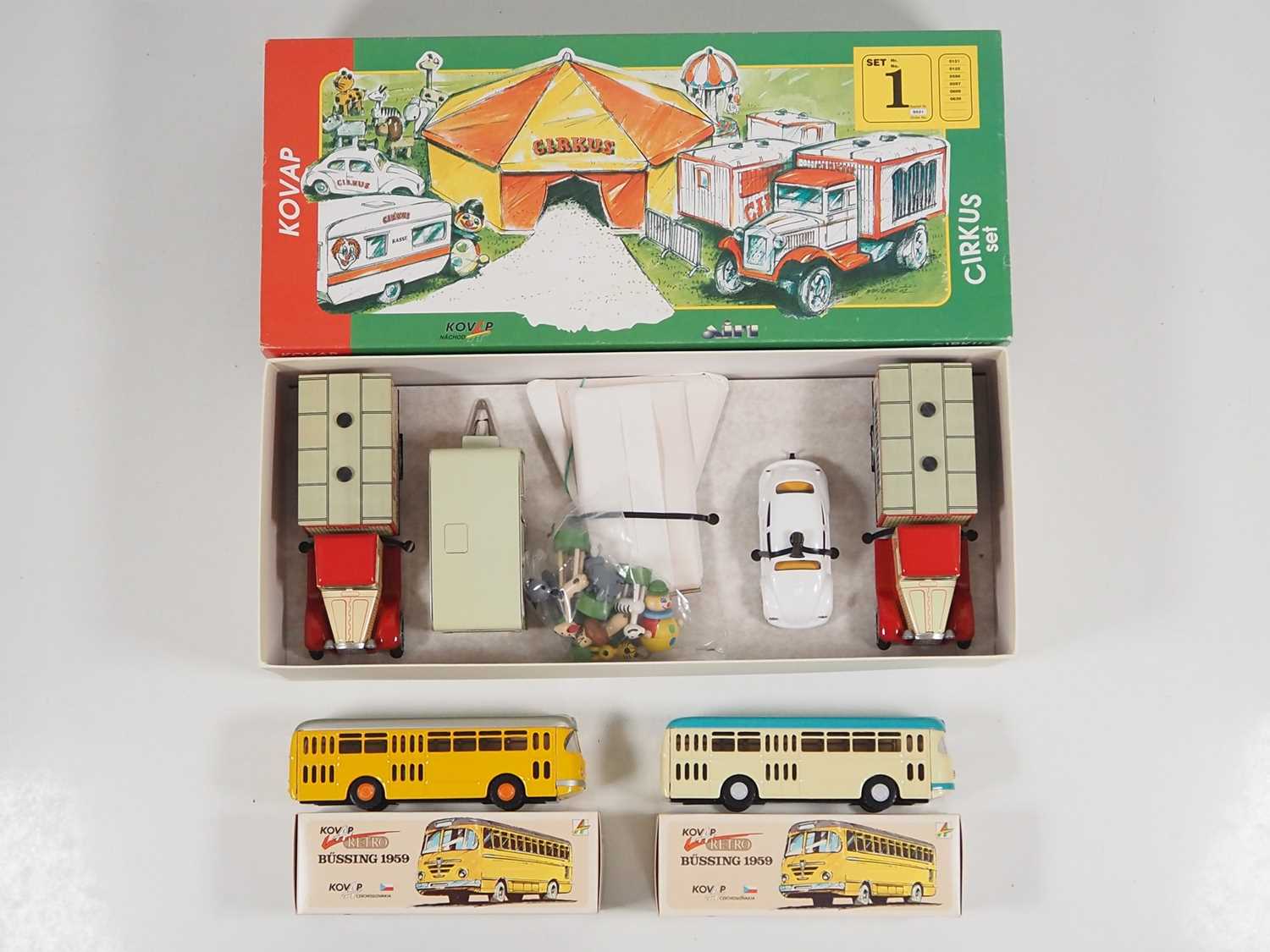 A KOVAP Czech made replica tinplate 'Circus Set #1' together with a pair of tinplate buses by the