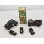 A group of vintage TRIANG MINIC clockwork military vehicles comprising 3 x small Jeeps and a large