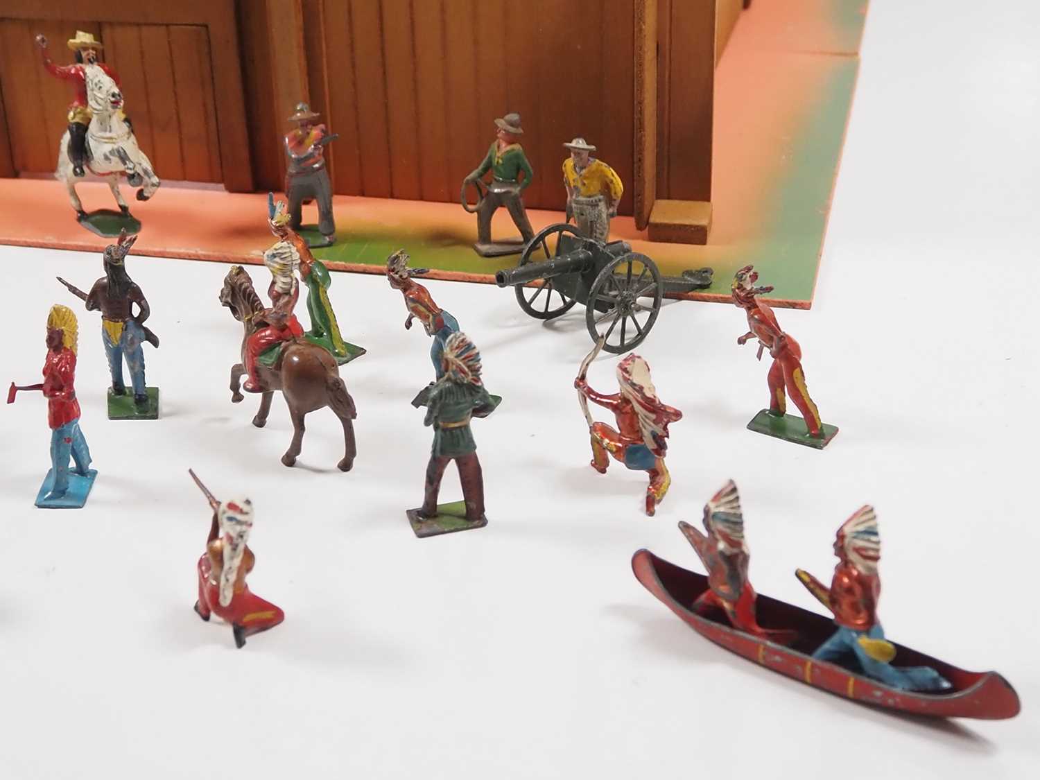 A group of diecast Cowboys and Indians by TIMPO and others together with a 1950s ELF TOYS wooden ' - Image 5 of 11