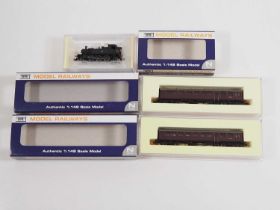 A group of DAPOL N gauge rolling stock comprising a Prairie tank steam locomotive in BR black livery