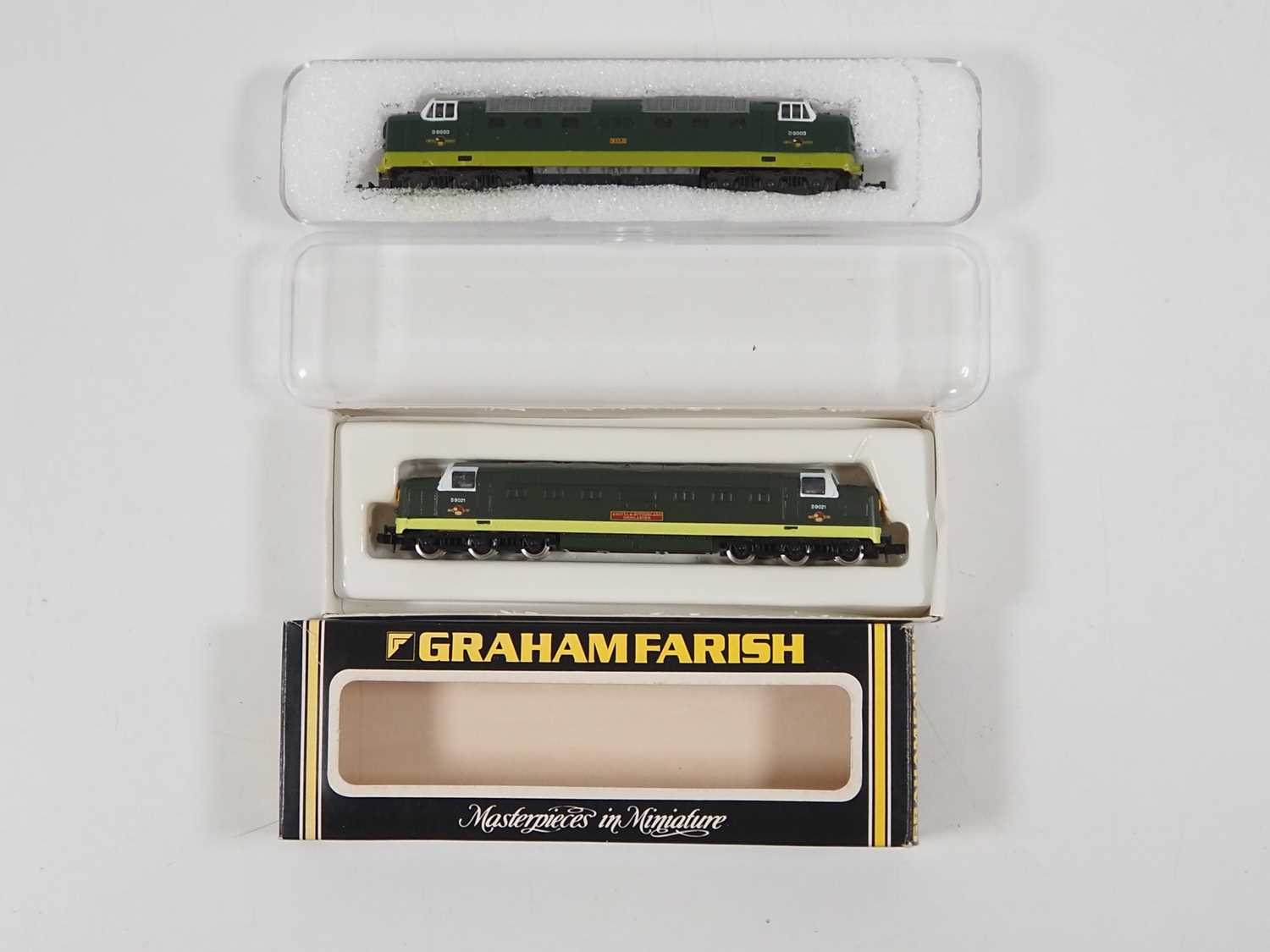 A pair of N gauge Deltic diesel locomotives comprising a FARISH version (boxed) and a LIMA