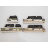 A group of WRENN OO gauge steam locomotives comprising an 0-6-2 tank and class 8F in BR black