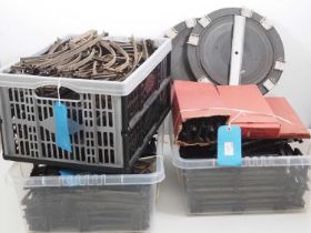 Three large crates of HORNBY O gauge clockwork track together with some larger gauge clockwork