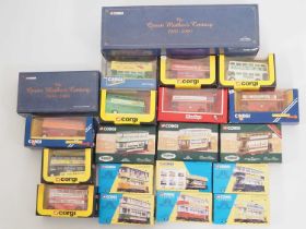 A group of CORGI diecast Routemaster buses, trams and state coaches from the Queen Mother's