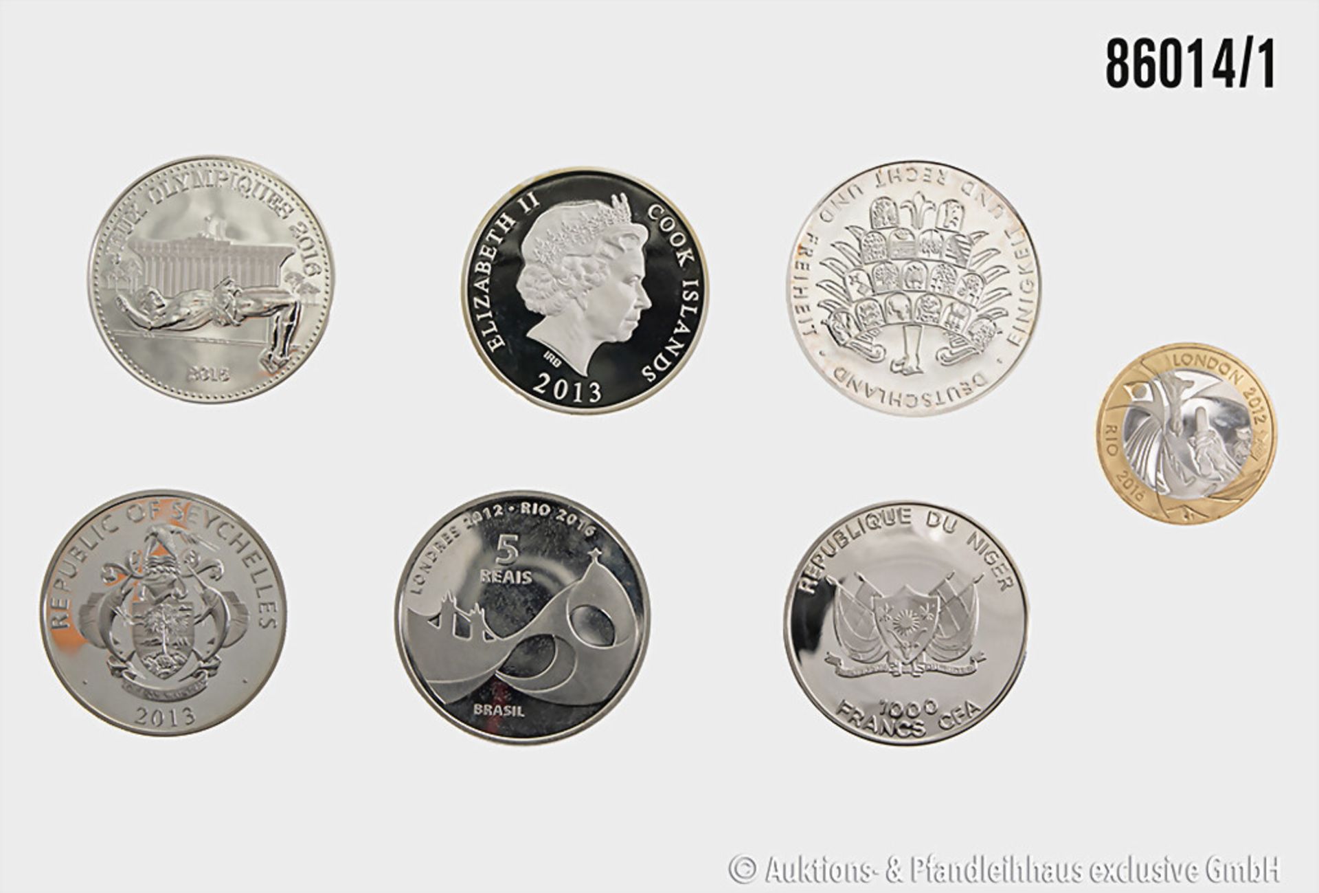 Konv. 7 Münzen "Die offiziellen Olympia Silbermünzen" (MDM), in Sterling Silber 925 (1 ...