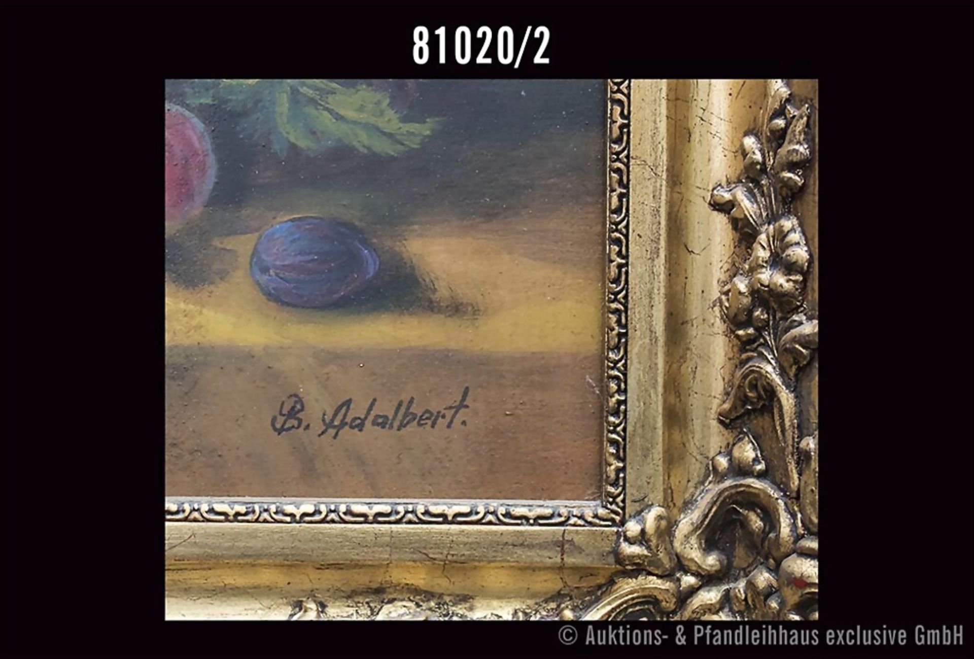 Adalbert, B. "Stillleben mit Obst und Wein", rechts unten signiert "B. Adalbert", 40 x ... - Image 2 of 2