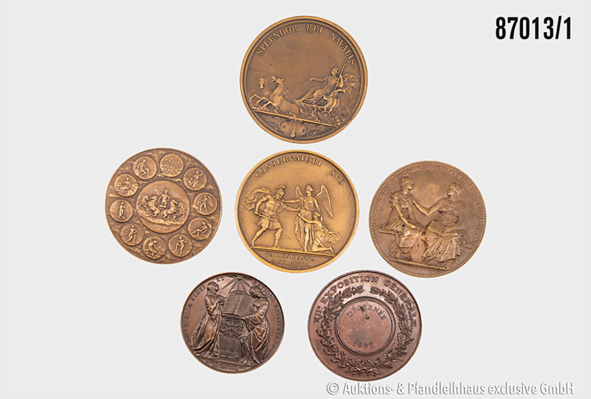Konv. 6 versch. Medaillen, in Bronze, versch. Anlässe, u.a. Societe Philomathique de ...