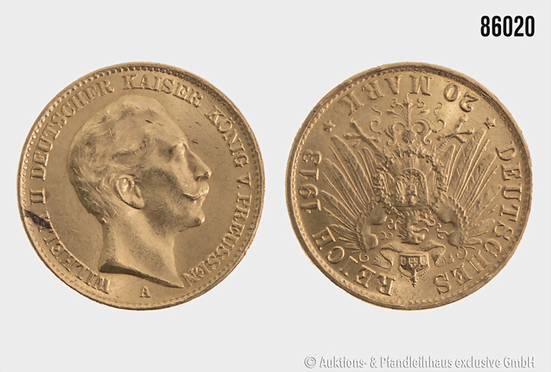 Preussen 20 Mark Gold 1913 A, 7,96 g, zeitgenössische Originalprägung fraglich, Zustand ...