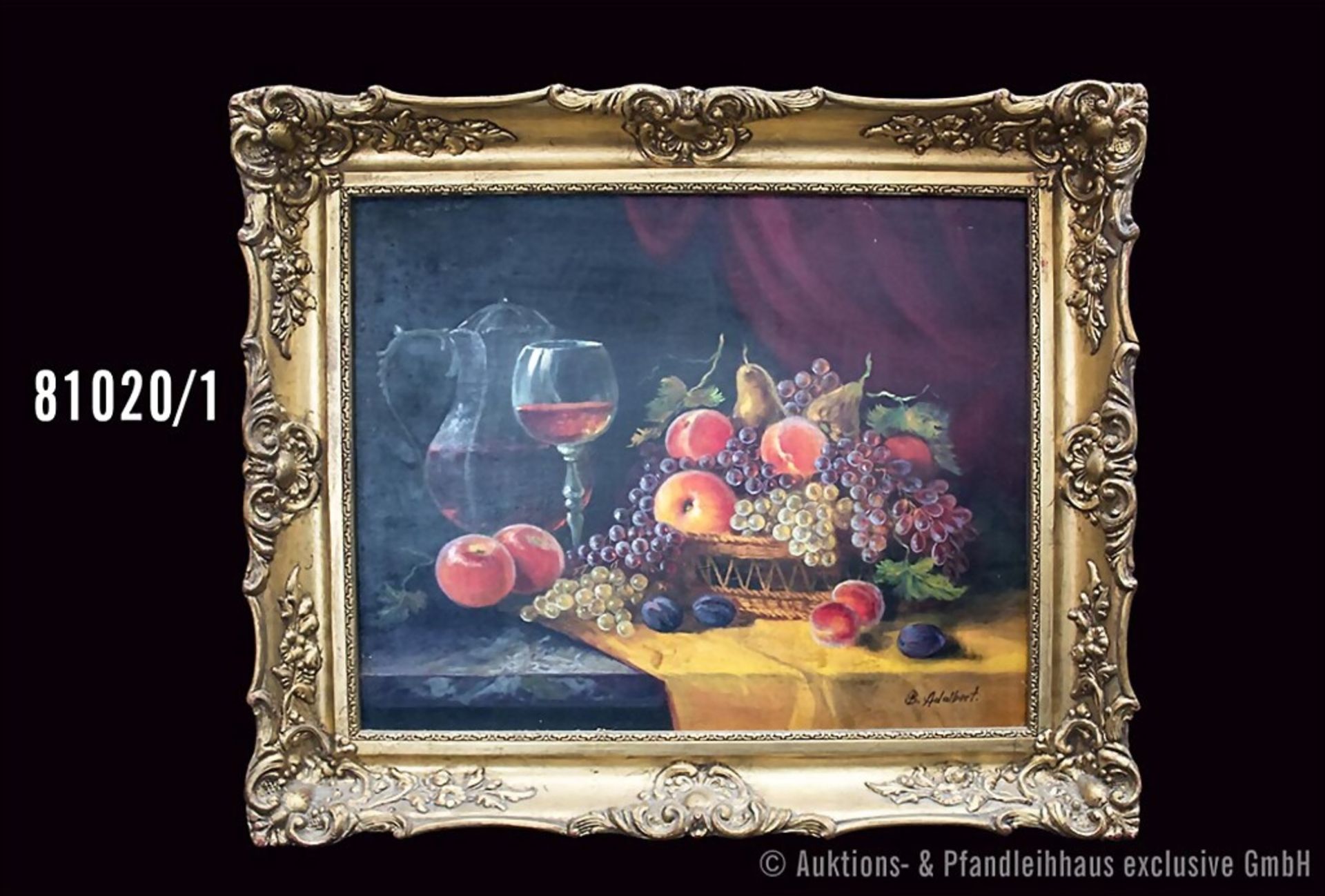 Adalbert, B. "Stillleben mit Obst und Wein", rechts unten signiert "B. Adalbert", 40 x ...