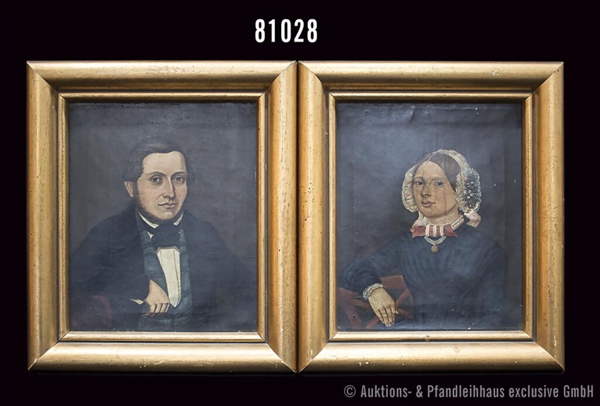 Paar Biedermeierportraits, Kaufmannspaar, Öl auf Leinwand, 19 x 15,5 cm, Dame mit ...