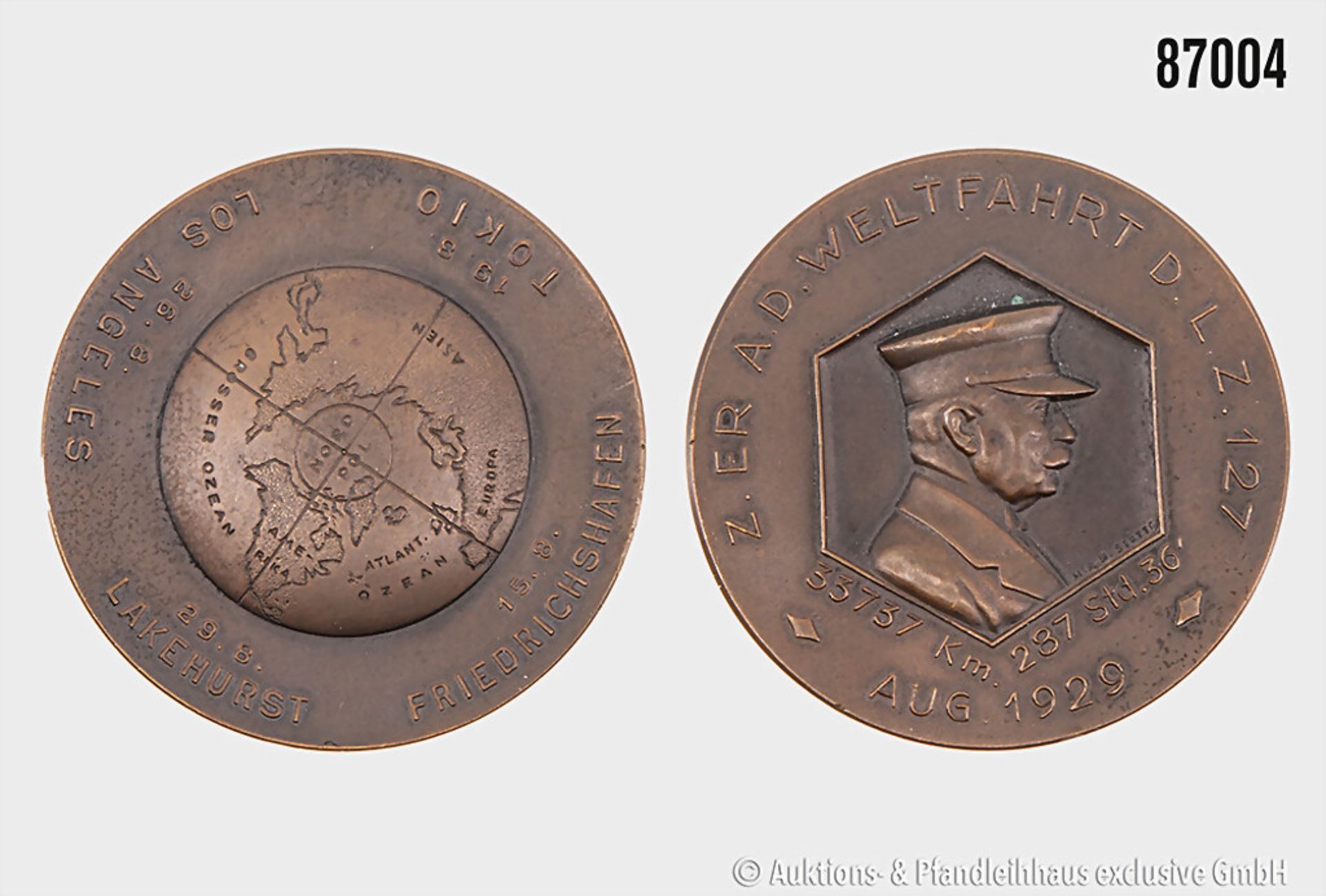 bronzene Medaille "Z. ER AD. WELTFAHRT D. L. Z. 127 Aug 1929 - 33737 km 287 Std. 36", ...