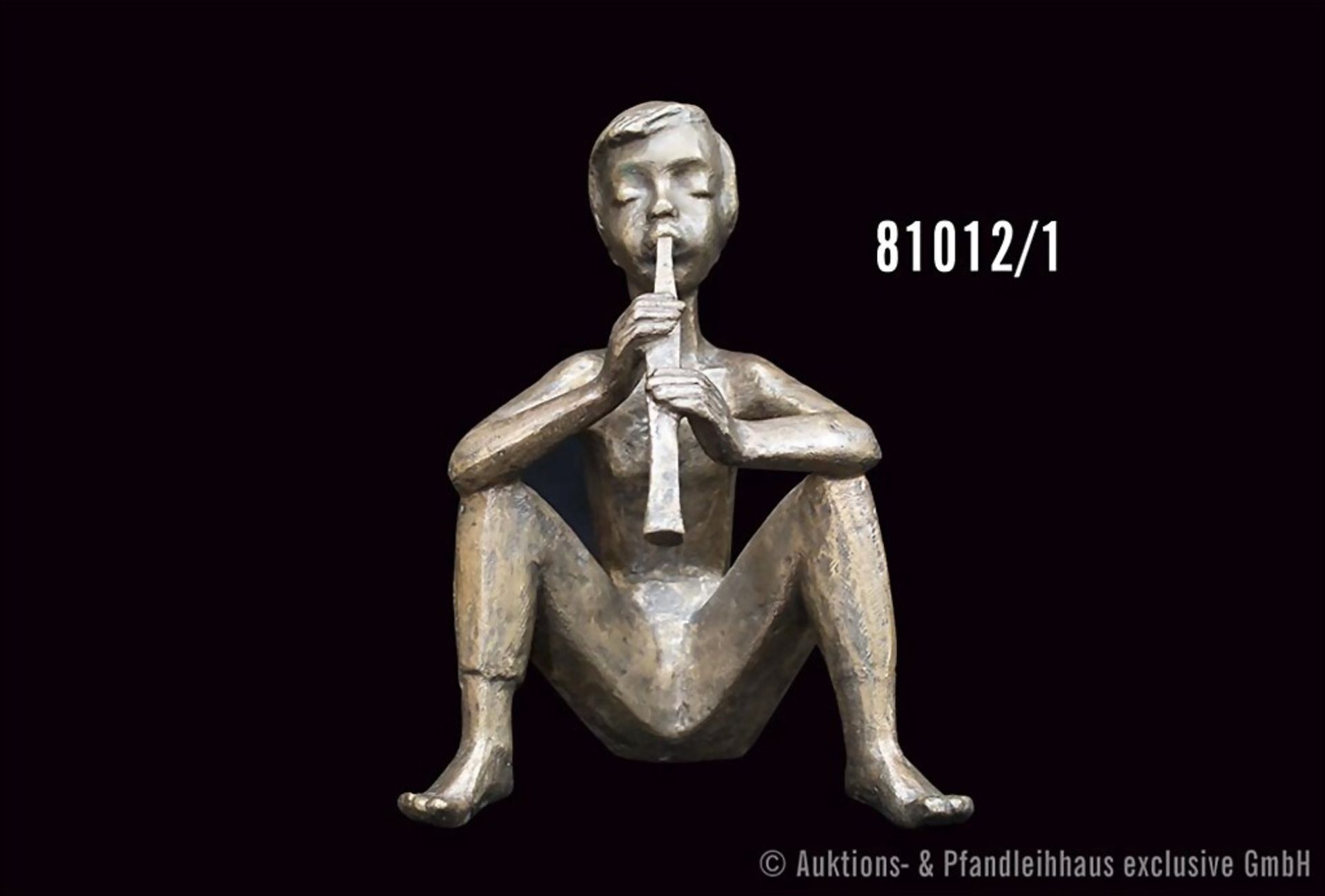 Unbekannter Monogrammist H "Flötenspieler", Bronze, patiniert, blockhaft stilisiert, H ...