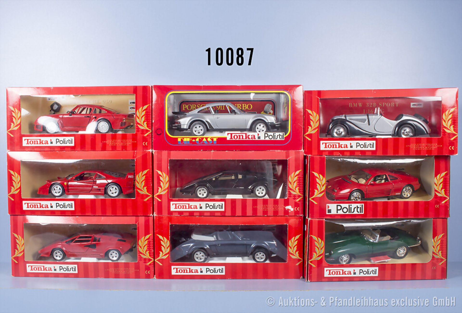9 Tonka Polistil Modellfahrzeuge, überwiegend Ferrari Modelle, Metall, 1:18, Z 0, OVP ...