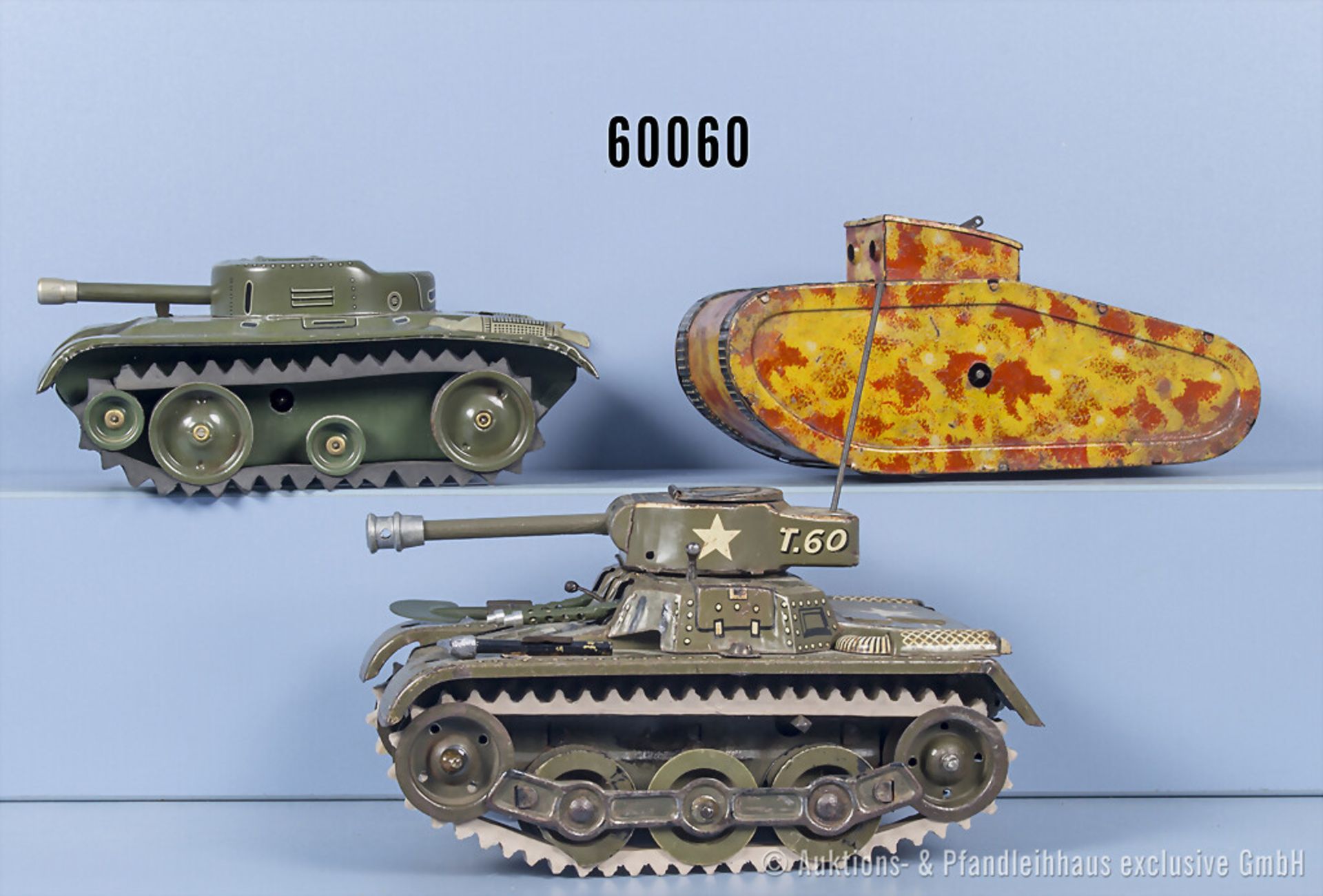 3 Panzer, Blech, Uhrwerk läuft, L bis 20 cm, u.a. Gama, NIedermeier, Z 2-3, ...