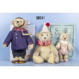3 Steiff Replika Teddys, Mohair, Feuerwehr-Teddybär, KF, Nr.999161, Teddy Baby, KFS, ...