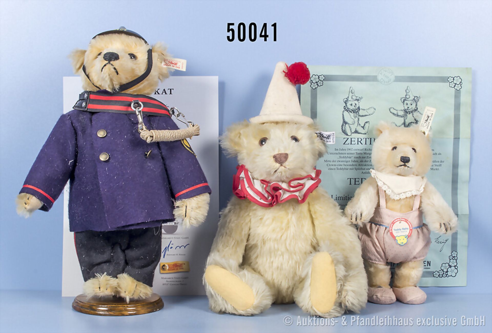 3 Steiff Replika Teddys, Mohair, Feuerwehr-Teddybär, KF, Nr.999161, Teddy Baby, KFS, ...