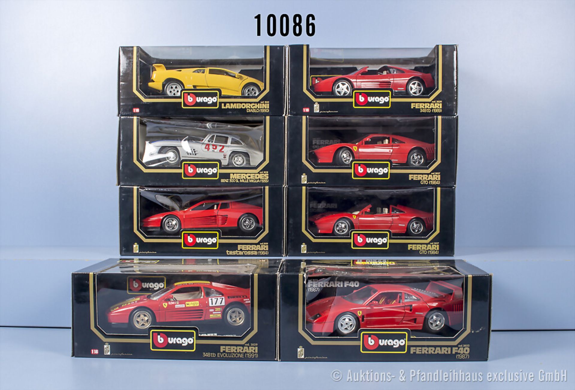 8 Bburago Modellfahrzeuge, überwiegend Ferrari Modelle, Metall, 1:18, Z 0, OVP mit ...