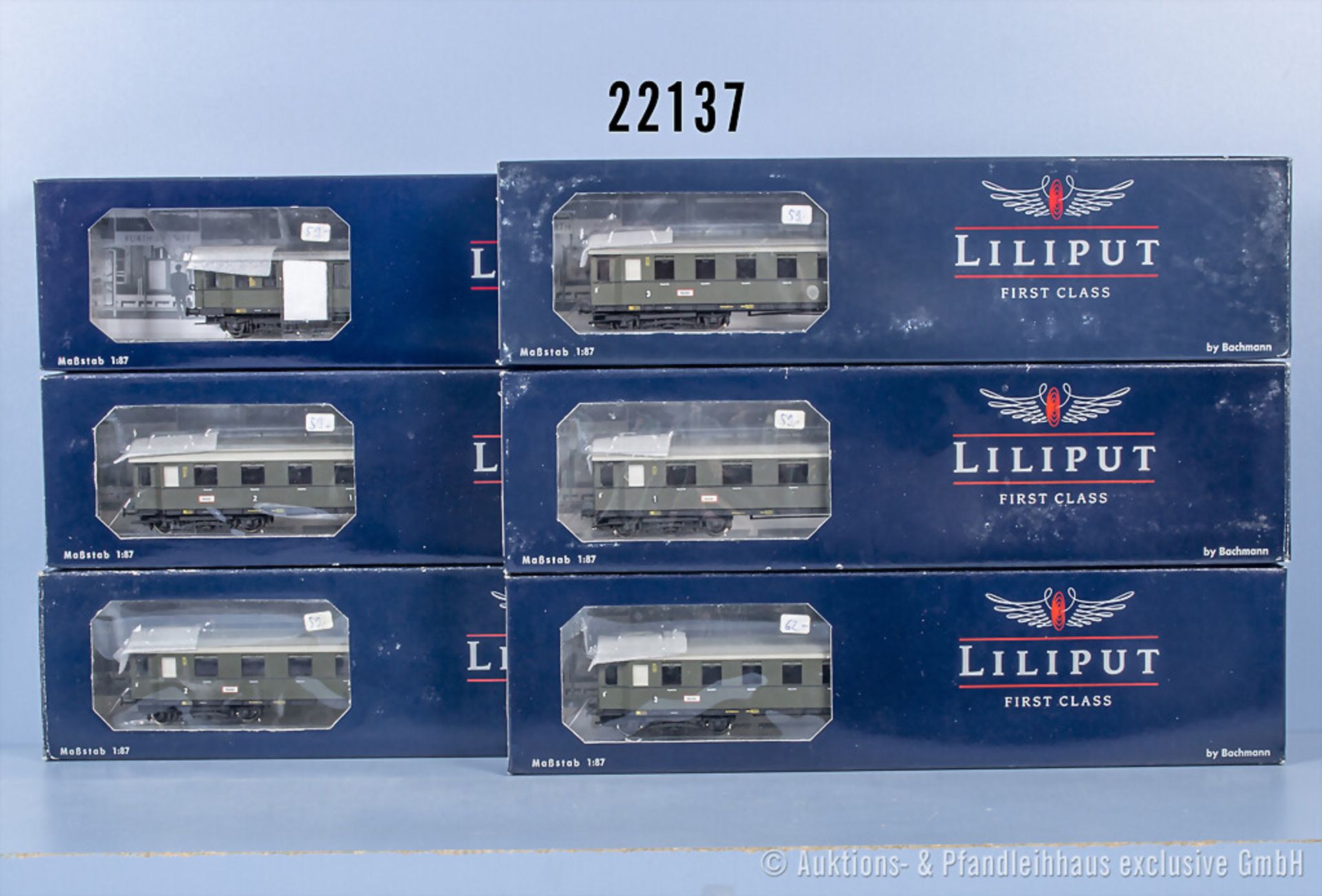 6 Liliput H0 D-Zug-Wagen der DRG, Z 1-2 in ...
