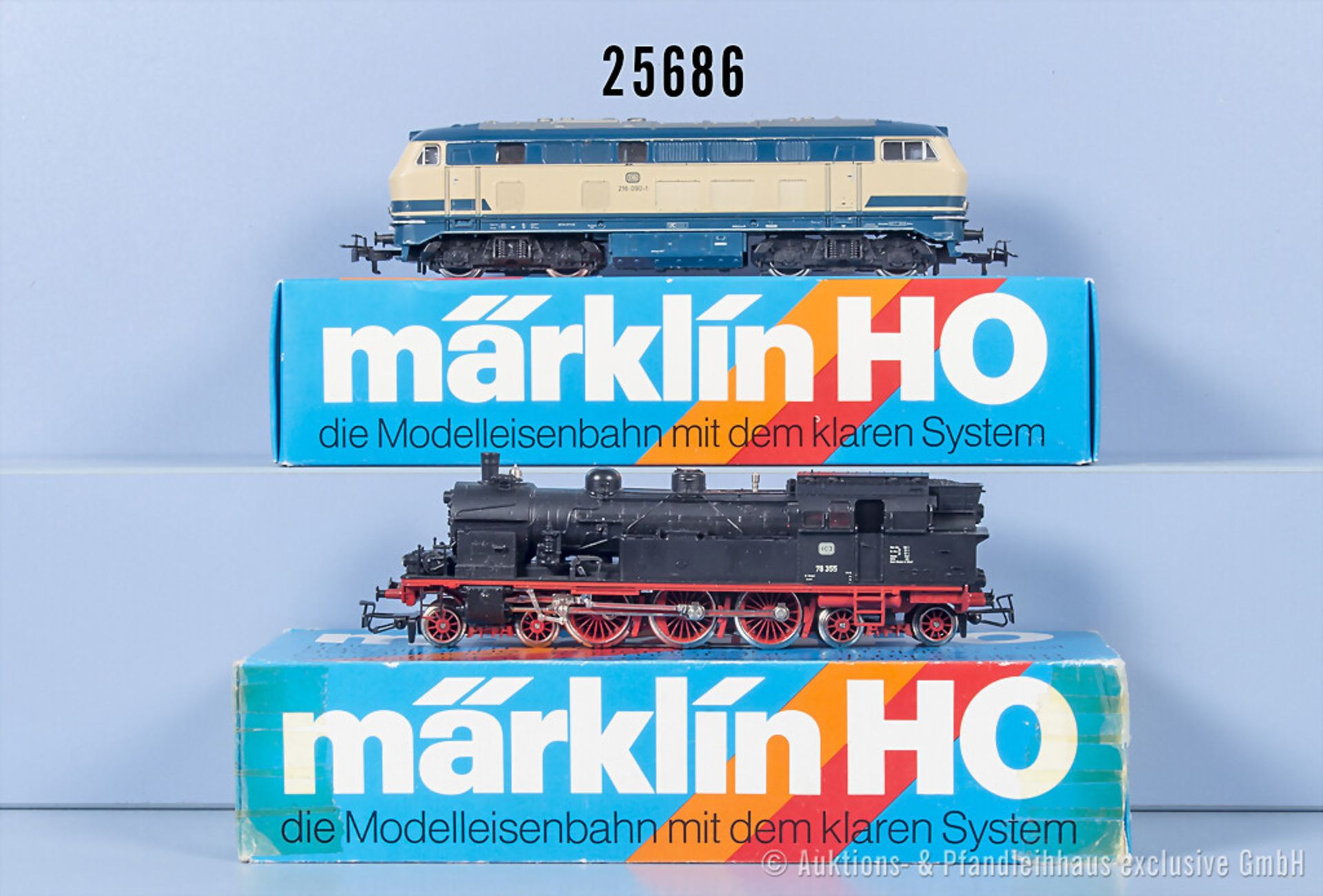2 Märklin H0 Loks, dabei 3074 Diesellok der DB, BN 216 090-1 und 3106 Tenderlok der DB, ...