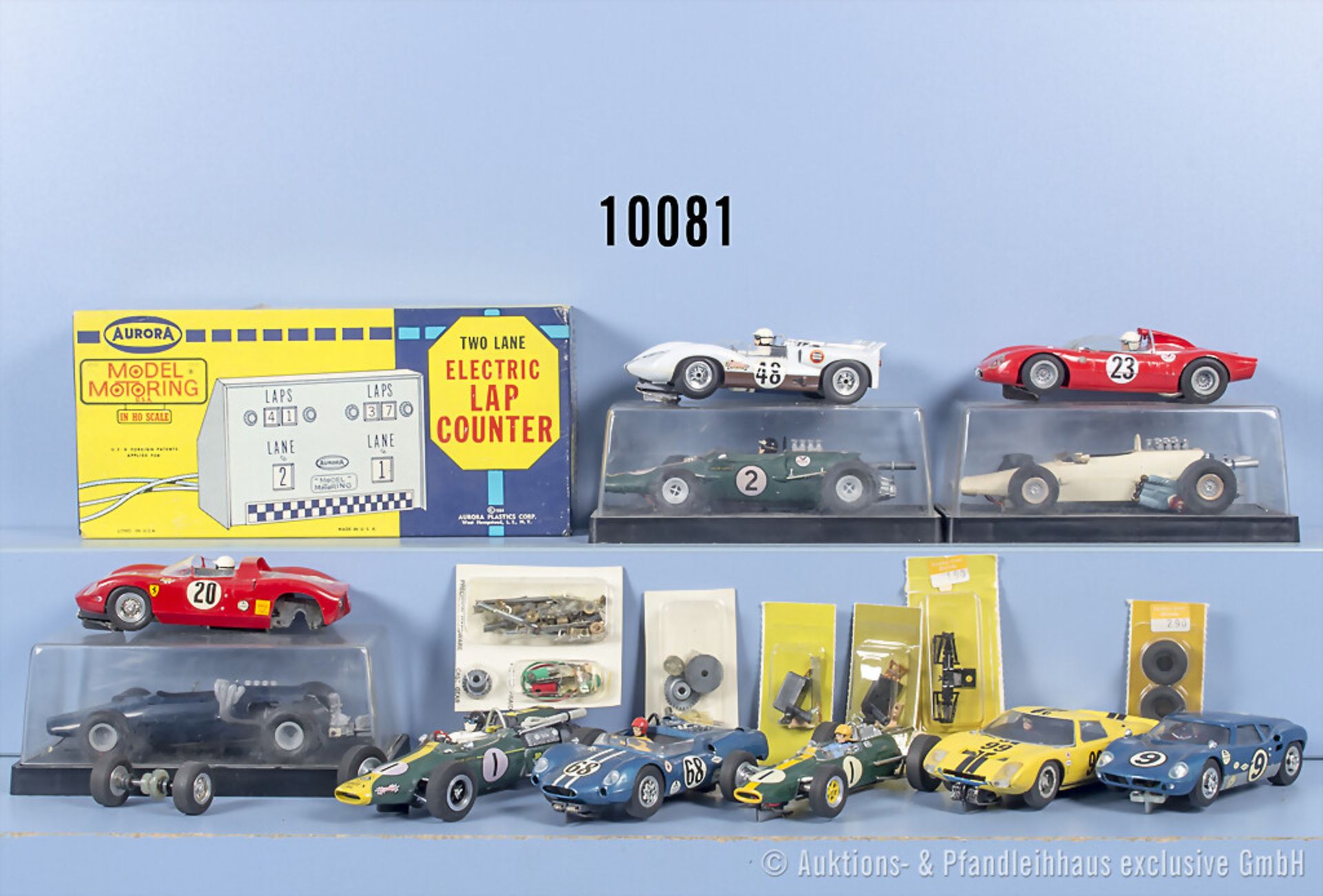 11 Slotcar Fahrzeuge, Hersteller u.a. Stabocar, Fleischmann, 6 Ersatzteilkits und ...