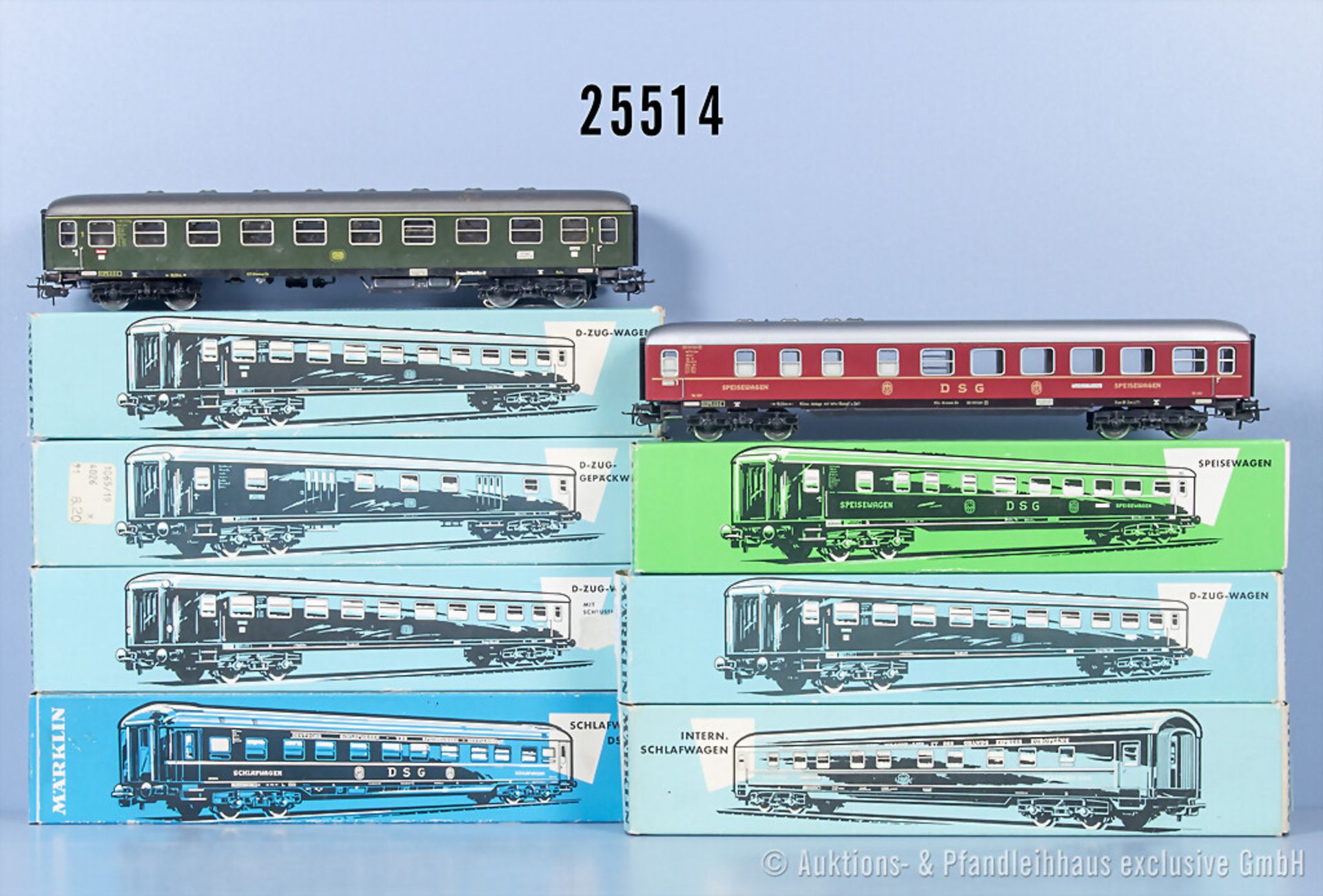 7 Märklin H0 D-Zug-Wagen, dabei 4023, 4024, 4026, 4027, 4029, 4032 und 4064, Z 2, in ...