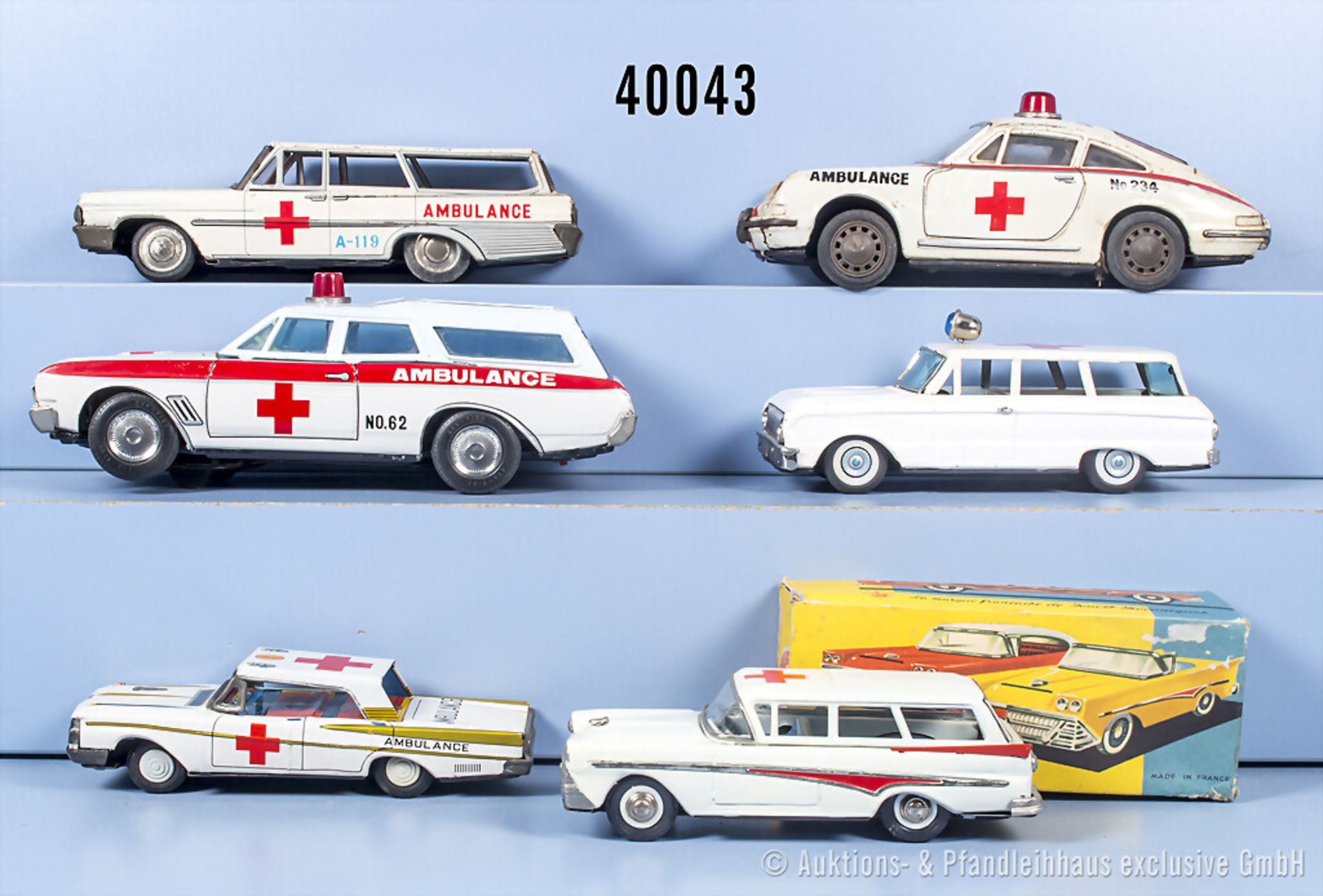 6 Modellfahrzeuge, Einsatzfahrzeuge, u.a. Joustra Série "Cadet", Asakusa Toy Ambulance, ...