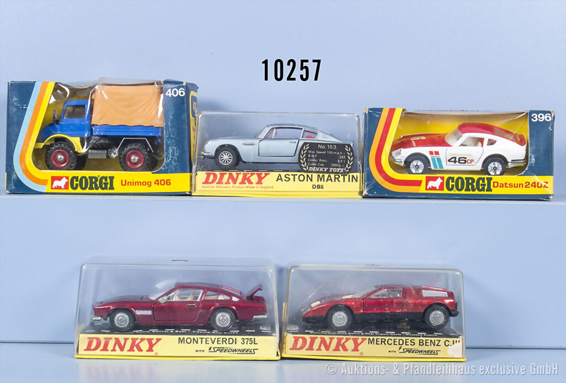 5 Modellfahrzeuge, Corgi 406 Unimog, 396 Datsum 240Z, Dinky 153 Aston Martin, 224 ...