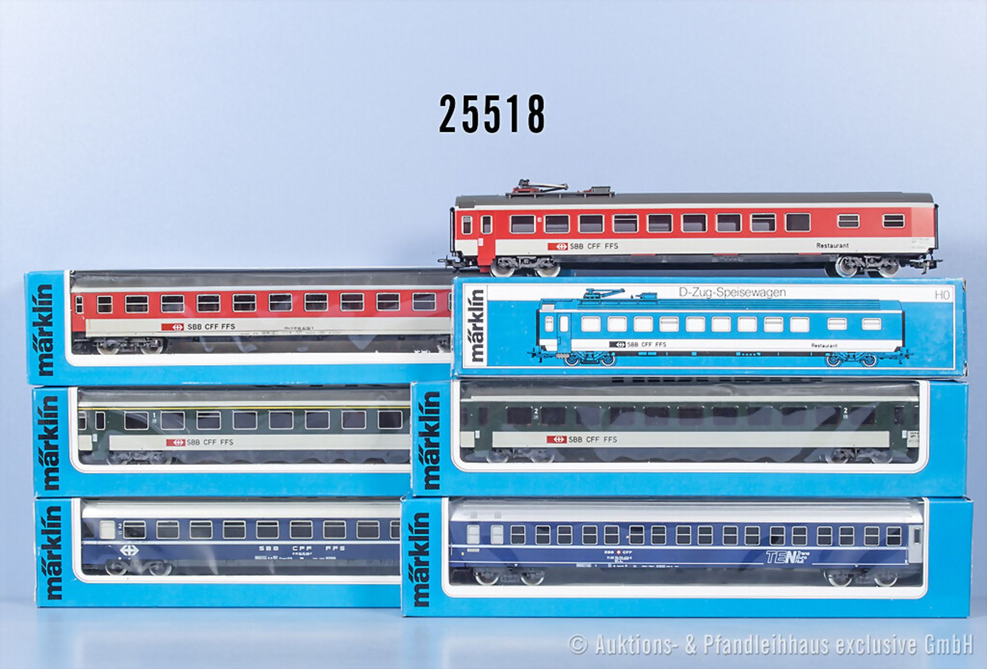 6 Märklin H0 D-Zug-Wagen, dabei 4123, 4124, 4125, 4168, 4180 und 4182, Z 1-2, in ...