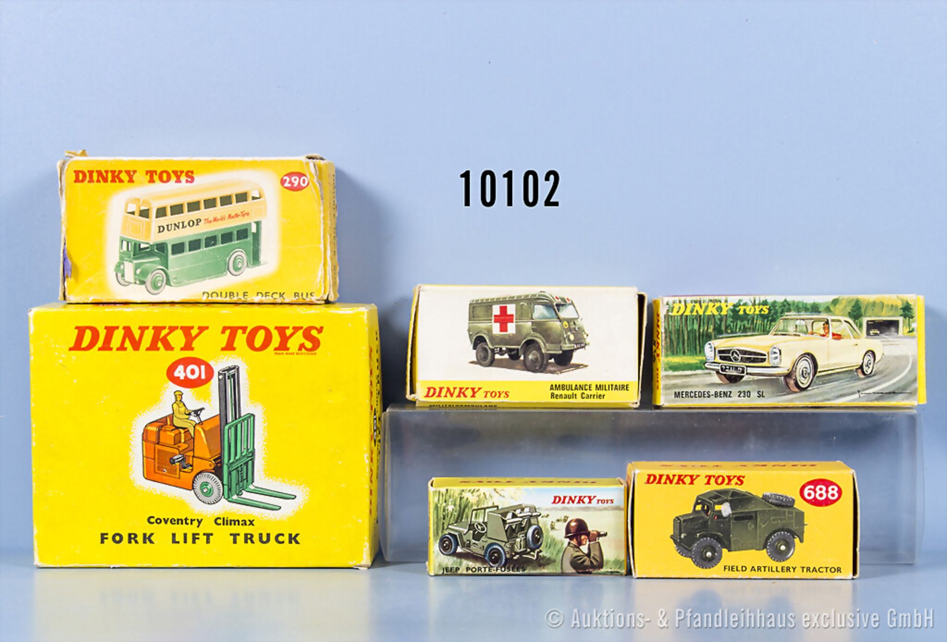 6 Dinky Toys OVP´s, Nr. 290 (beschädigt), 401, 516, 688, 807 und ...