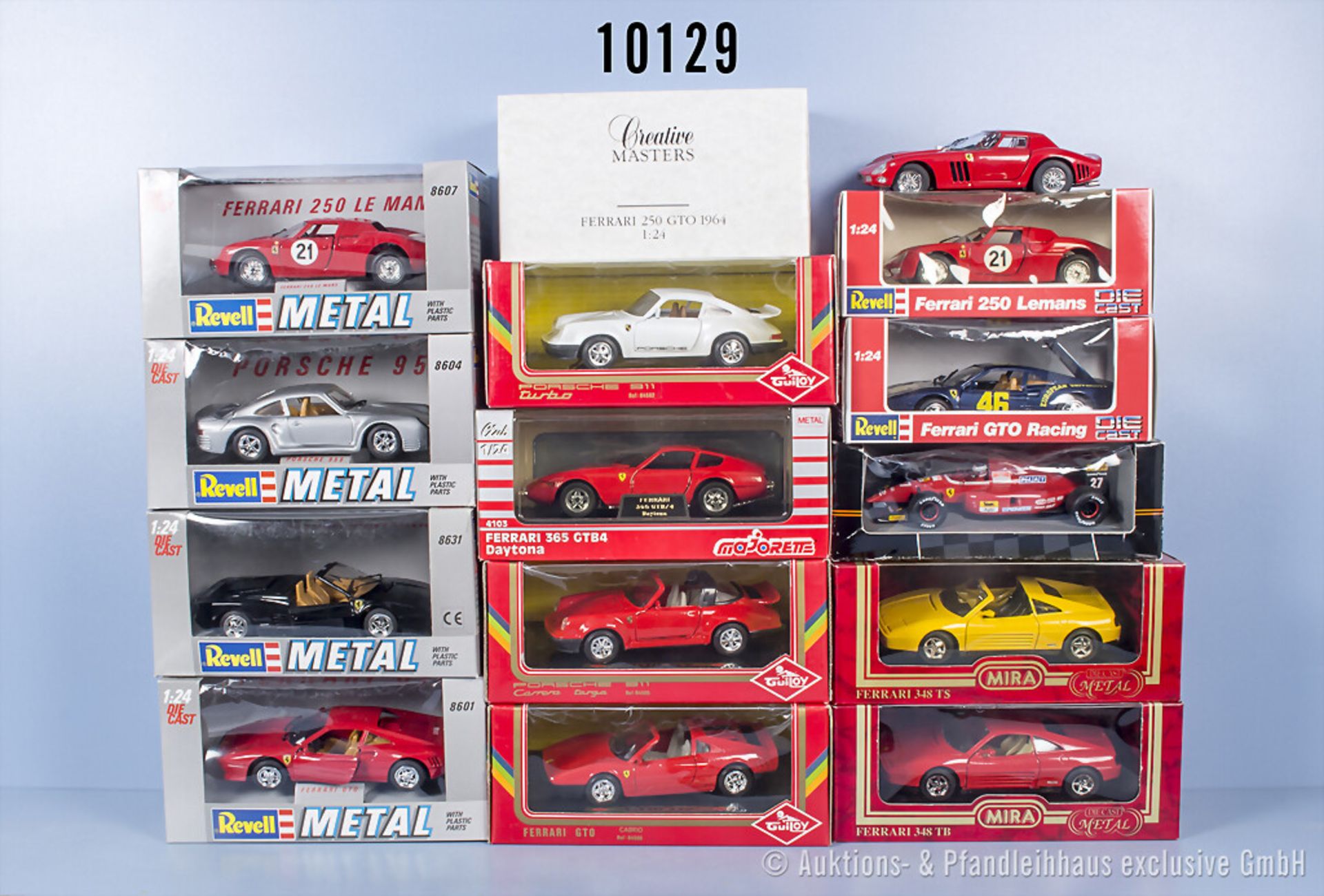 14 Modellfahrzeuge, überwiegend Ferrari, Majorette, Mira, Revell usw., Metall, 1:24, Z ...
