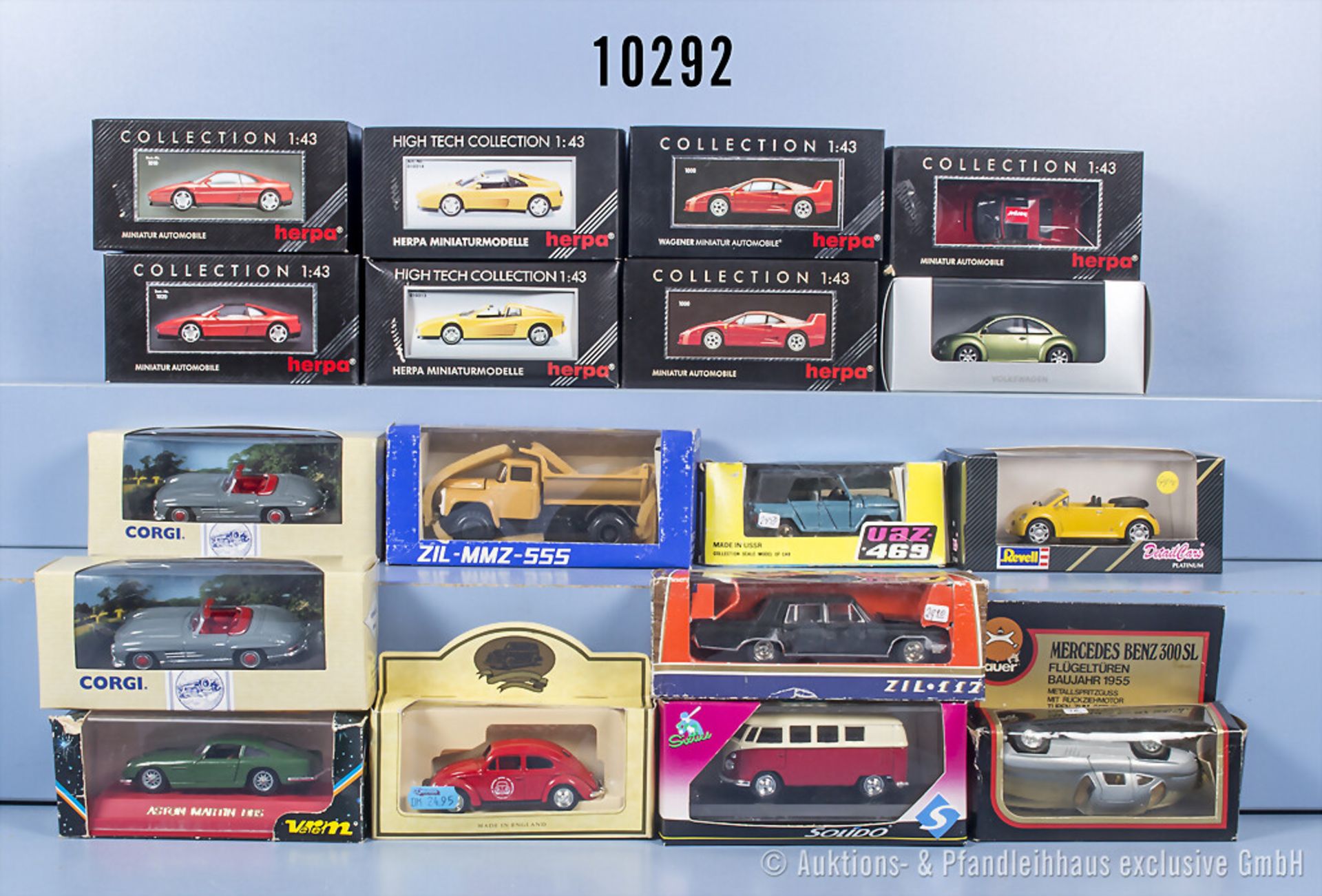 18 Modellfahrzeuge, dabei Herpa Ferrari Modelle, Verem Aston Martin, Solido VW Bulli, ...