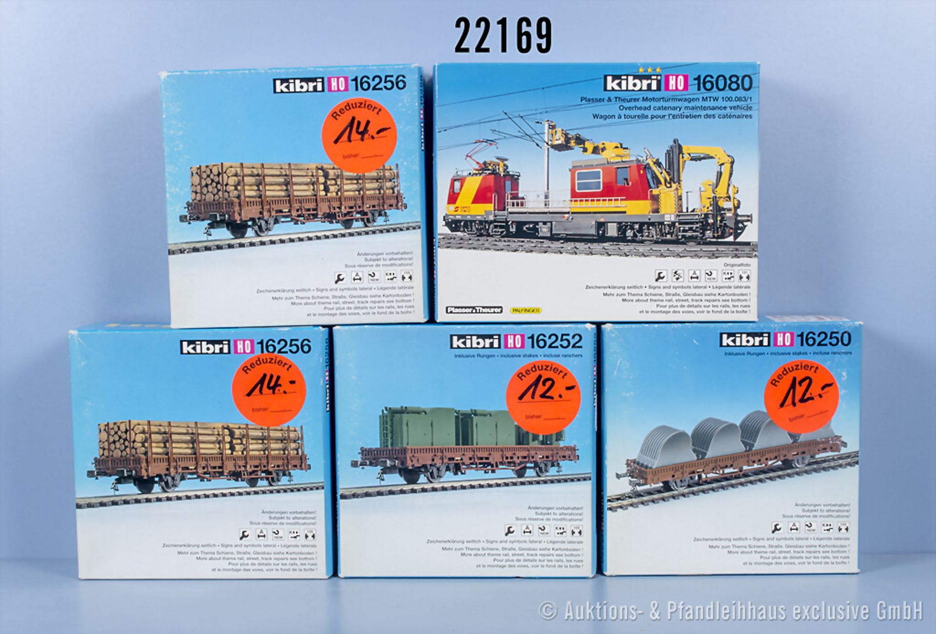 5 Kibri H0 Kunststoffbausätze für Motorturmwagen und 4 Güterwagen, Z 1-2, in OVP, auf ...