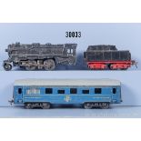 Spur 0 Zug, dabei Schlepptenderlok, BN 1999, mit falschem Tender und 1 Jep Speisewagen, ...