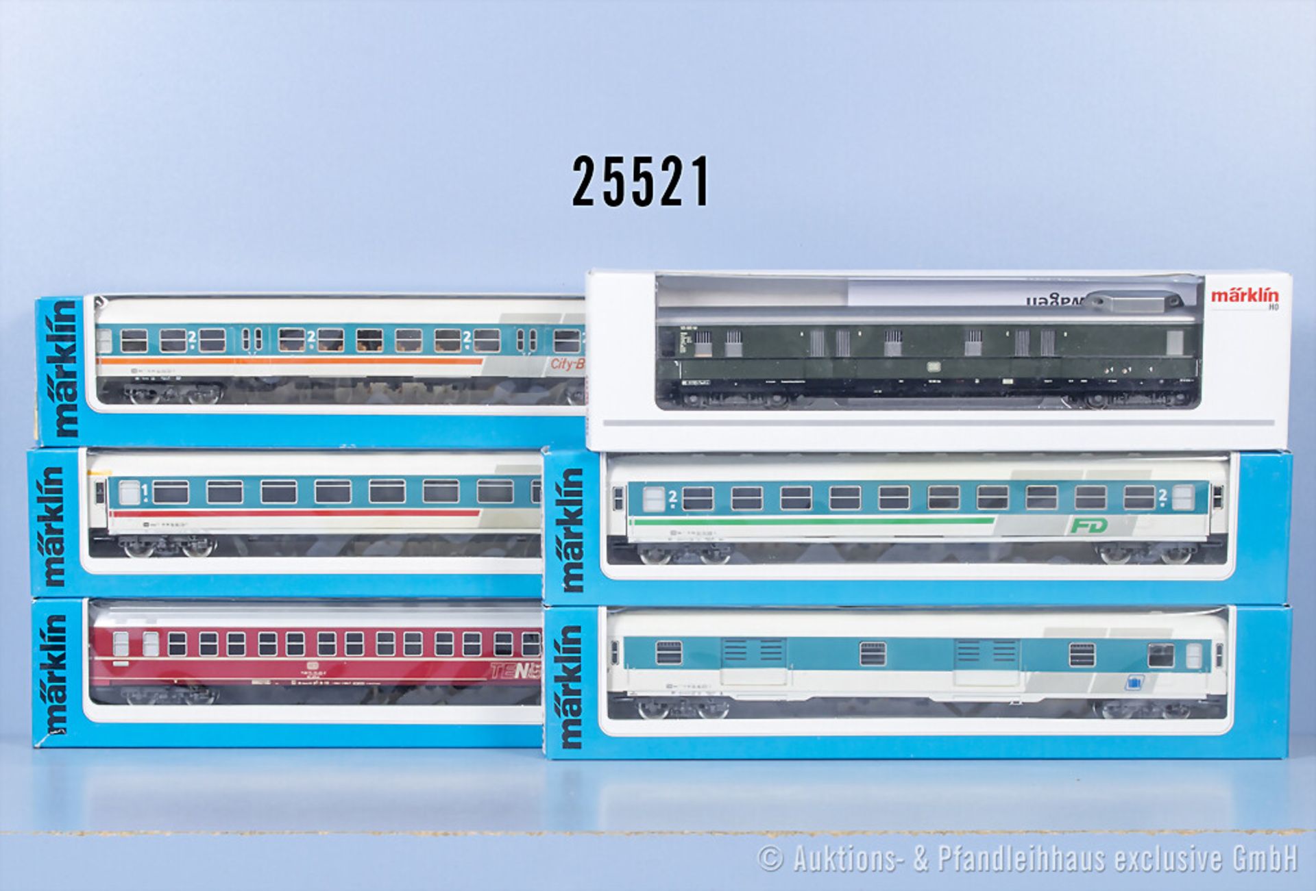 6 Märklin H0 D-Zug-Wagen, dabei 4150, 4220 bis 4223 und 43272, Z 1-2, in ...