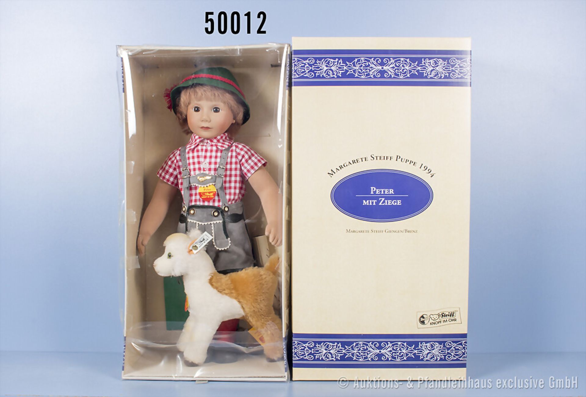 Steiff Puppe Peter mit Ziege, Ziege mit Knopf und Fahne, Nr. 703096, Peter mit Schild, ...