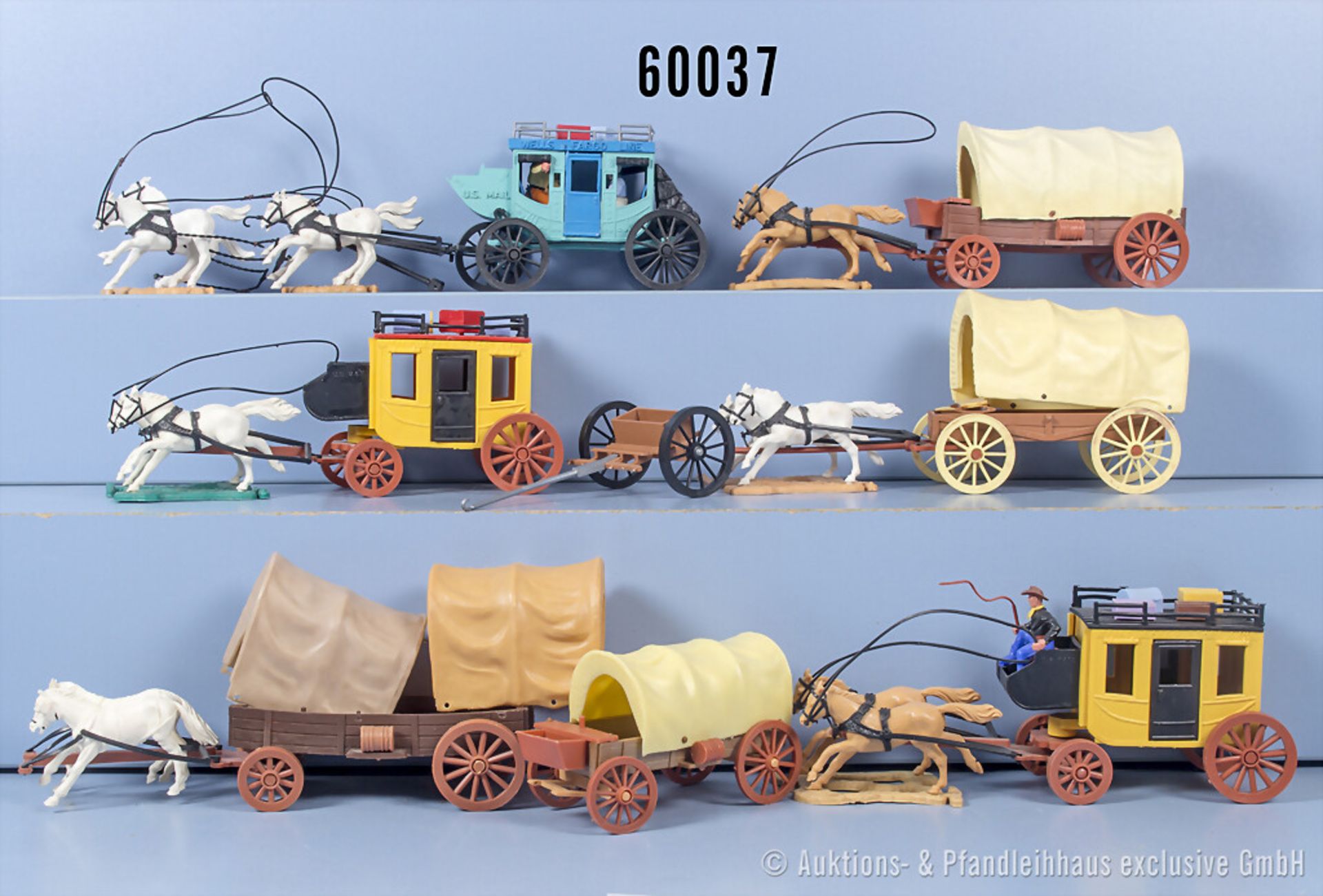 6 Timpo Toys Kutschen, u.a. Postkutsche, Planwagen, sowie einige Ersatzteile, teilw. ...