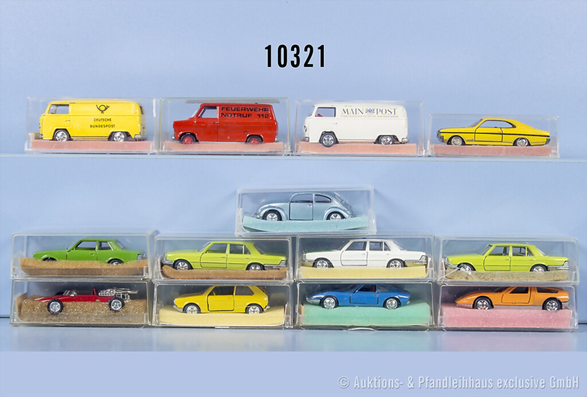 13 alte Schuco Modelle, dabei Ford Transit Feuerwehr, Ferrari Formel 2, Opel GT 1900 ...