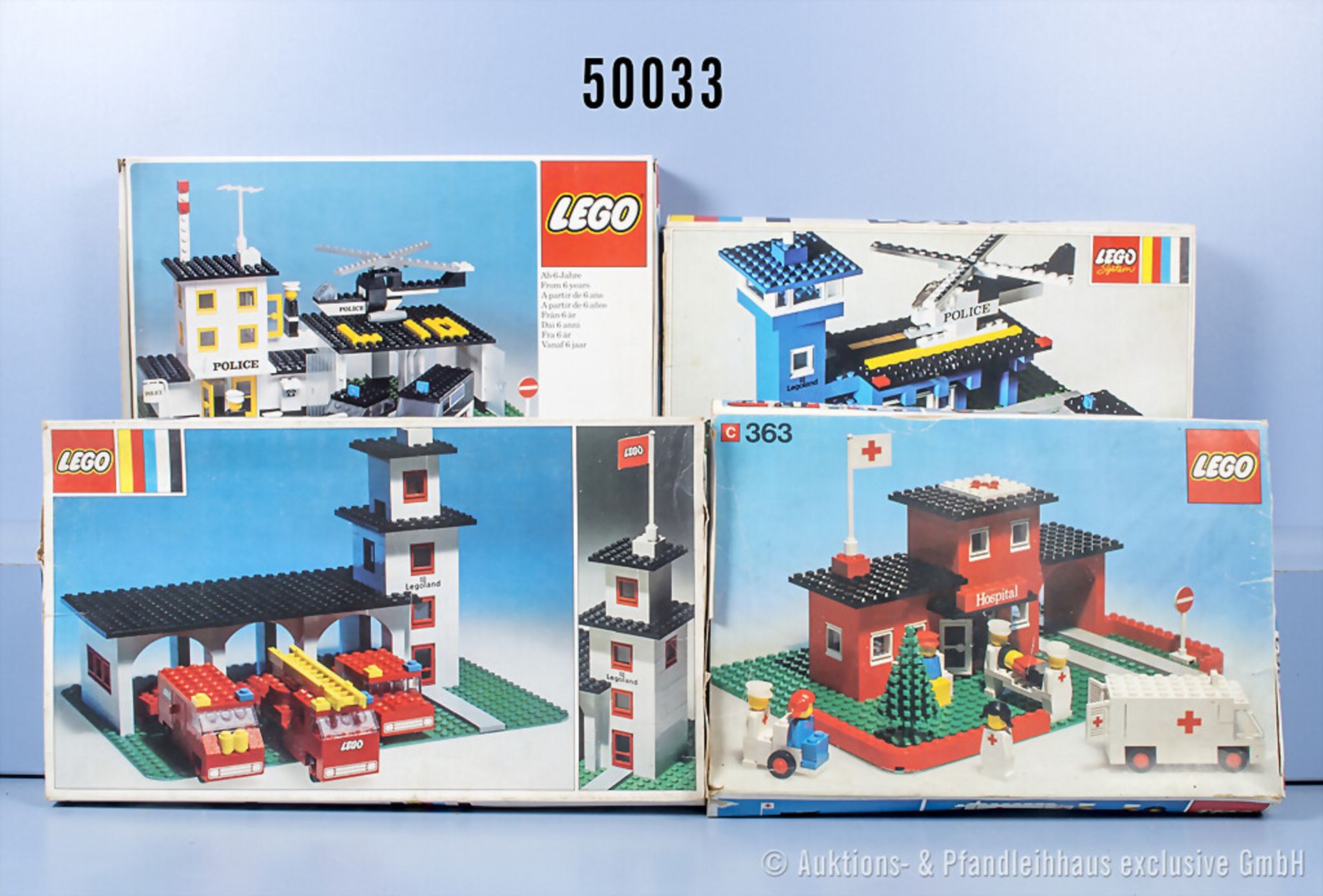 4 Lego Legoland Setpackungen 354 Polizeistation mit Heliport, 357 Feuerwehrstation, 363 ...
