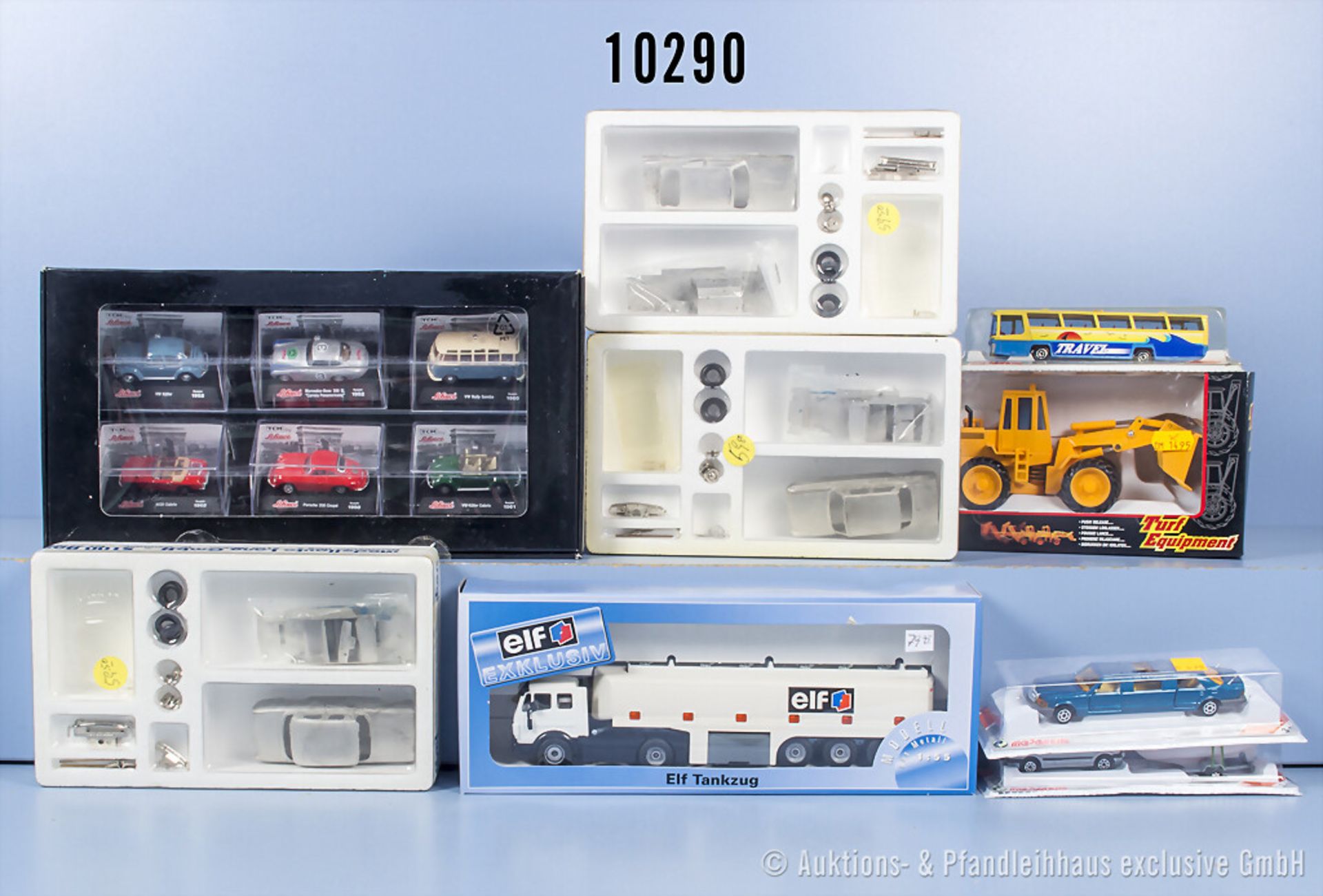 5 Modellfahrzeuge, dabei elf Exclusiv Elf Tankzug, Majorette Mercedes Limousine usw., 1 ...