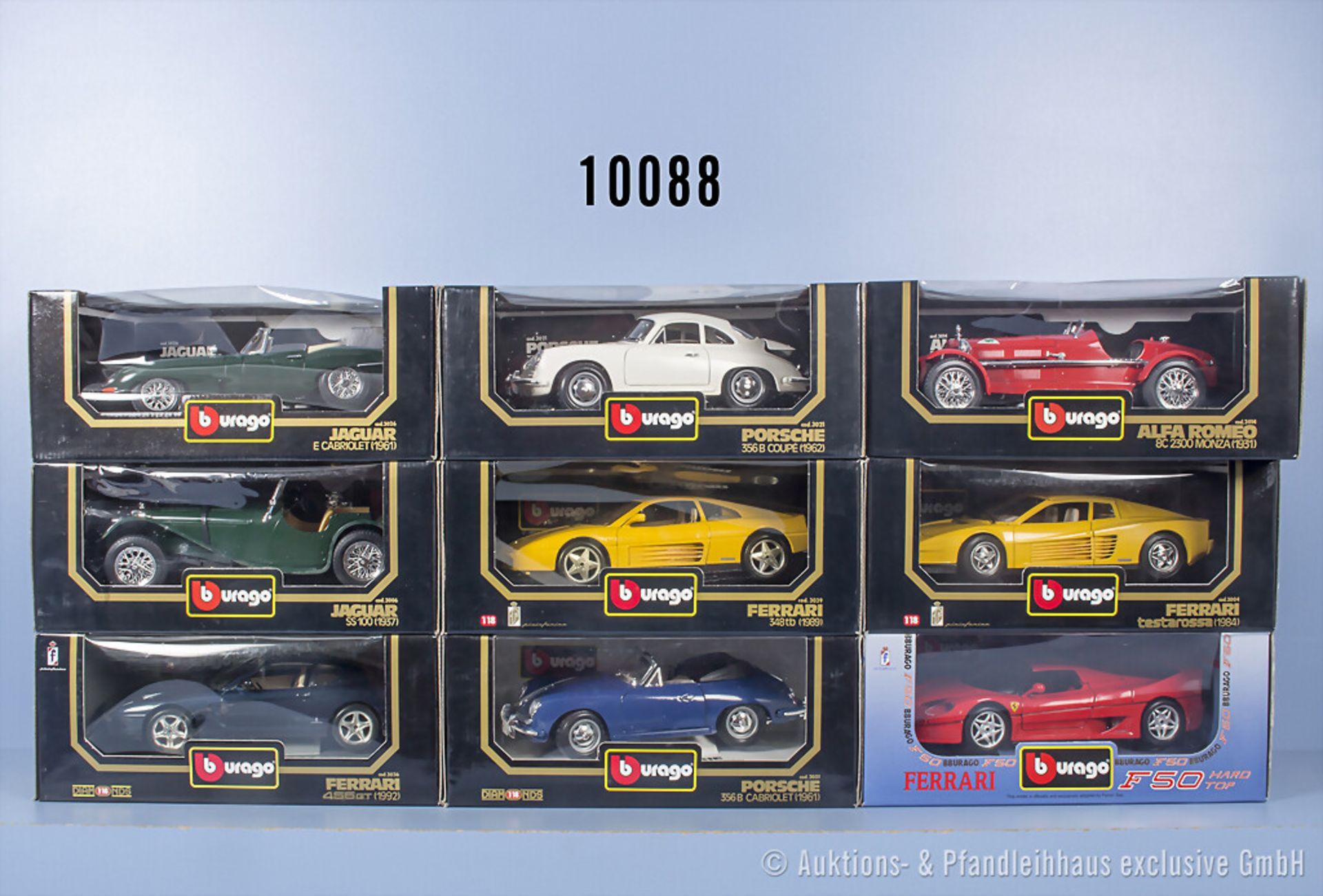 9 Bburago Modellfahrzeuge, Ferrari, Porsche, Jaguar, Alfa Romeo, Metall, 1:18, Z 0, OVP ...