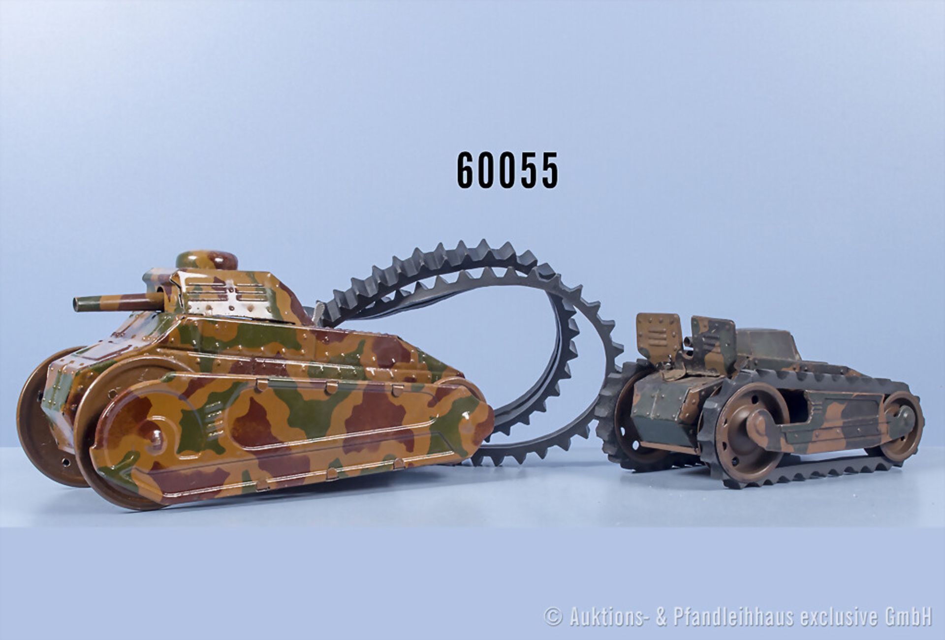 2 Elastolin Panzer, Blech, Uhrwerk läuft, L bis 20 cm, Z 2-3, ...