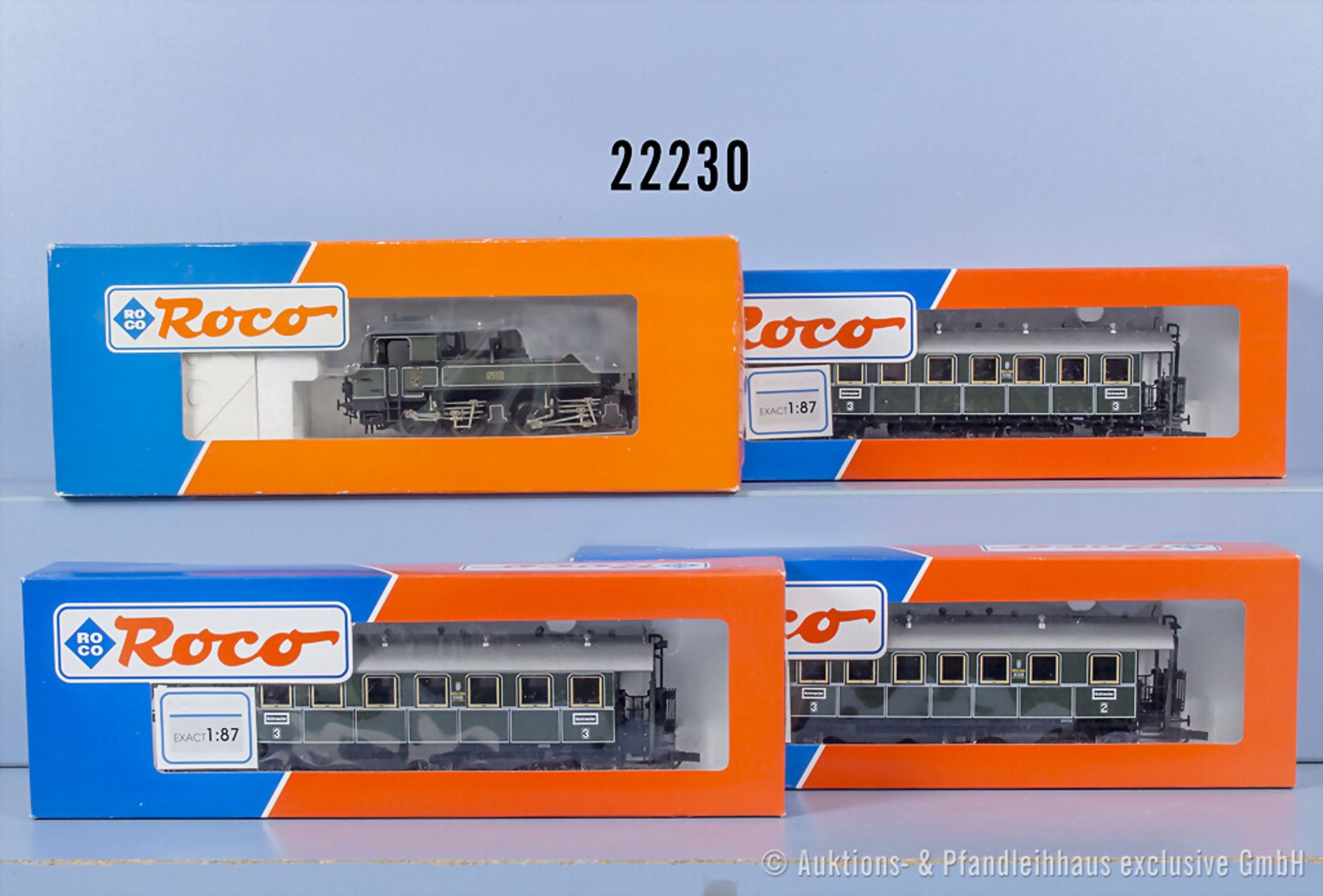 Roco H0 Personenzug mit 43281 Tenderlok der K.bay.Sts.B., BN 2502 und 3 Wagen, Z 1, in ...