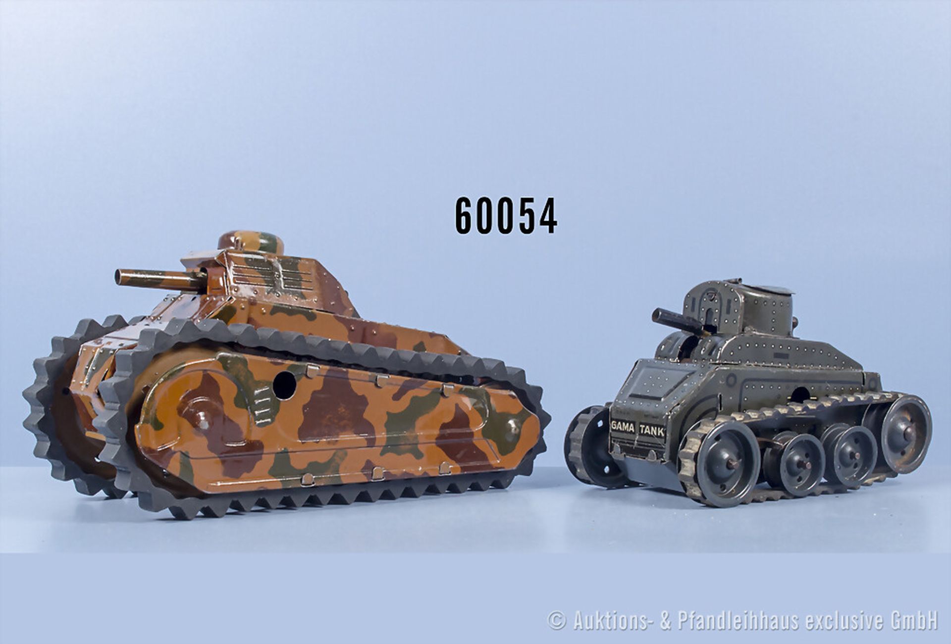 2 Panzer, Blech, Uhrwerk läuft, L bis 20 cm, Elastolin und Gama, Z 2-3, ...