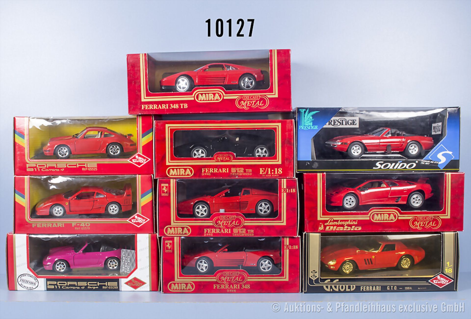 10 Modellfahrzeuge, überwiegend Ferrari, Guiloy, Mira und Solido, Metall, 1:18, Z 0, ...