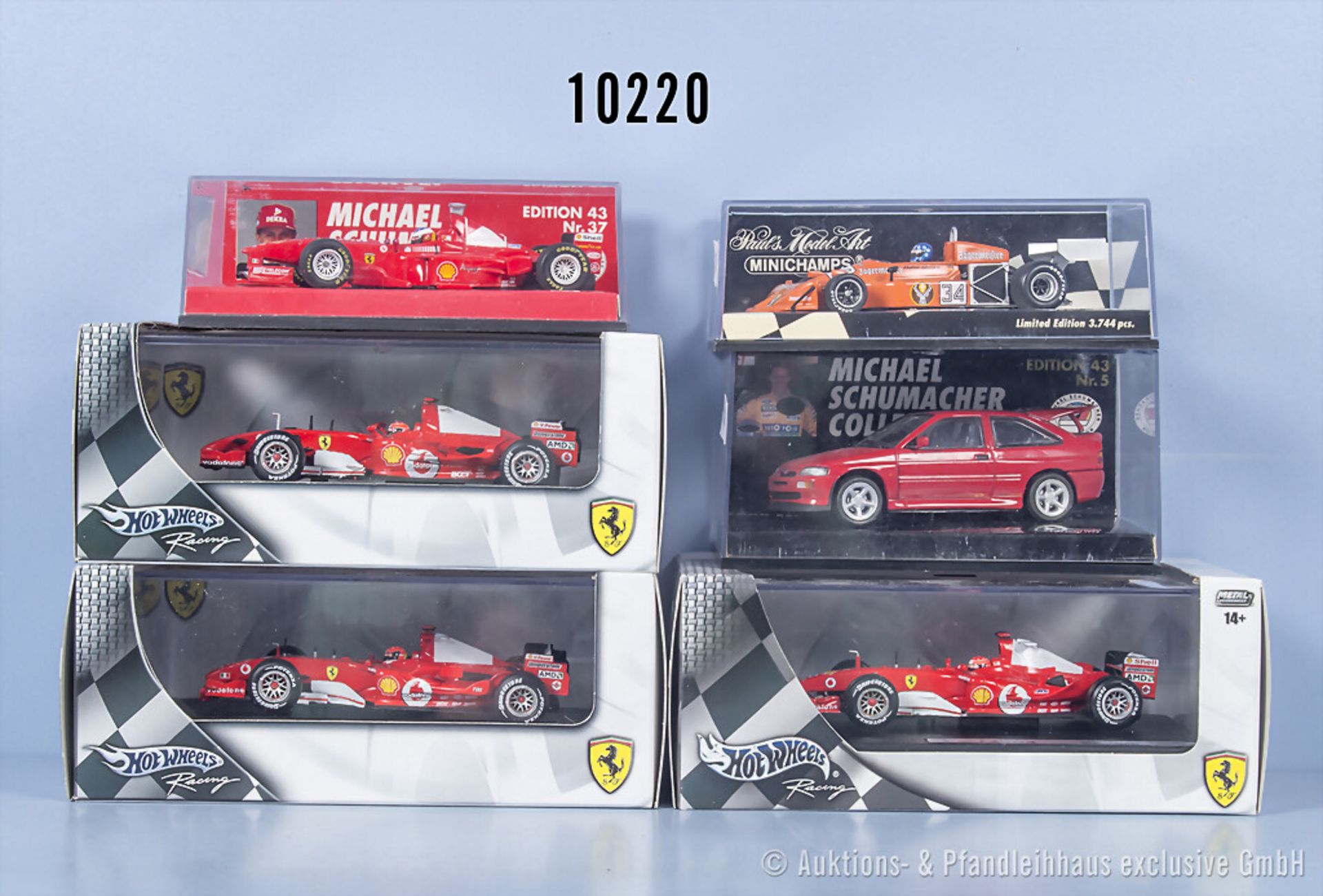 6 Michael Schumacher Modellfahrzeuge, 3x Minichamps und 3x Hotwheels Racing, Metall, ...