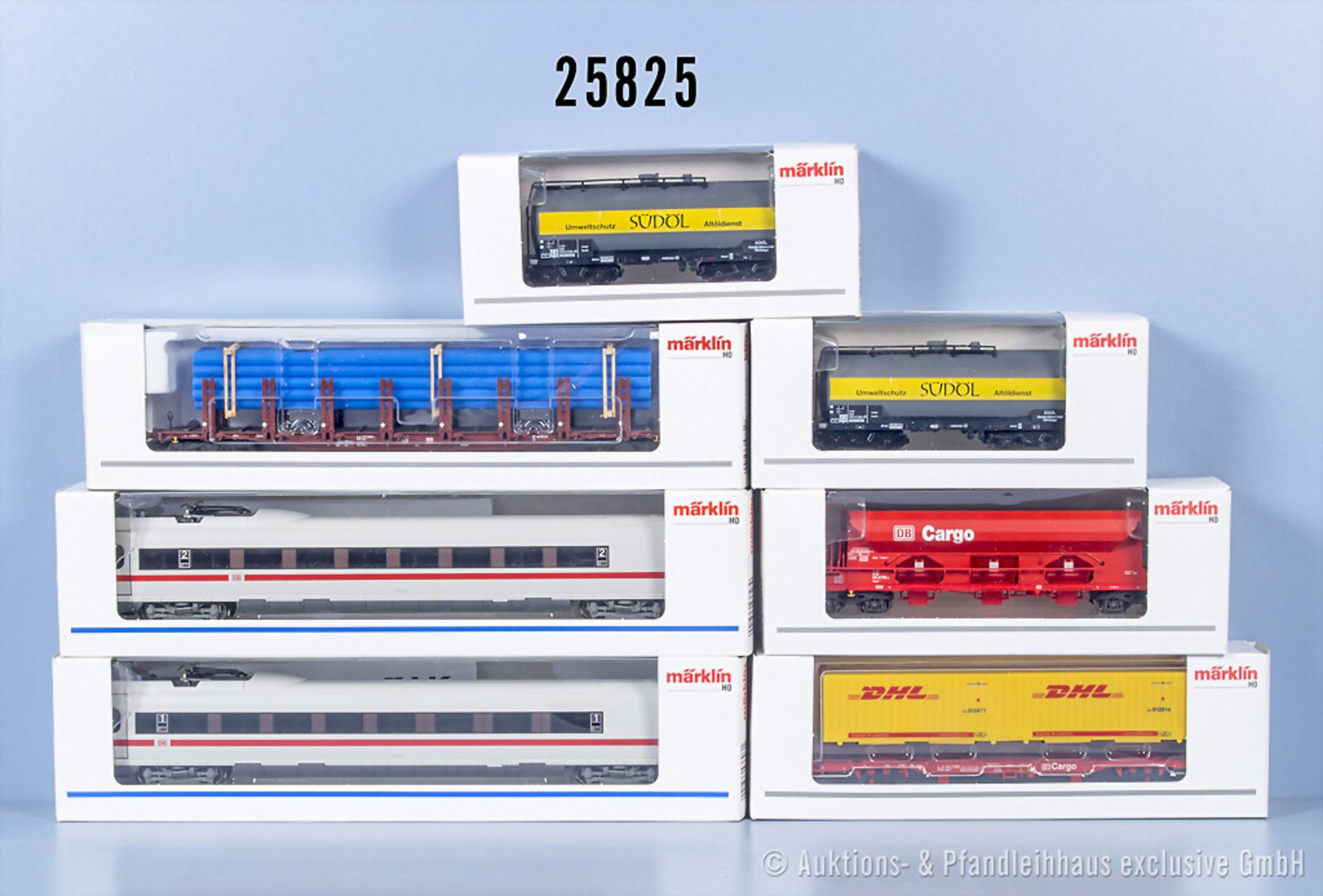 7 Märklin H0 Wagen, dabei 43707, 43727, 2 x 46525, 47705, 47718 und 48100, Z 1, in ...